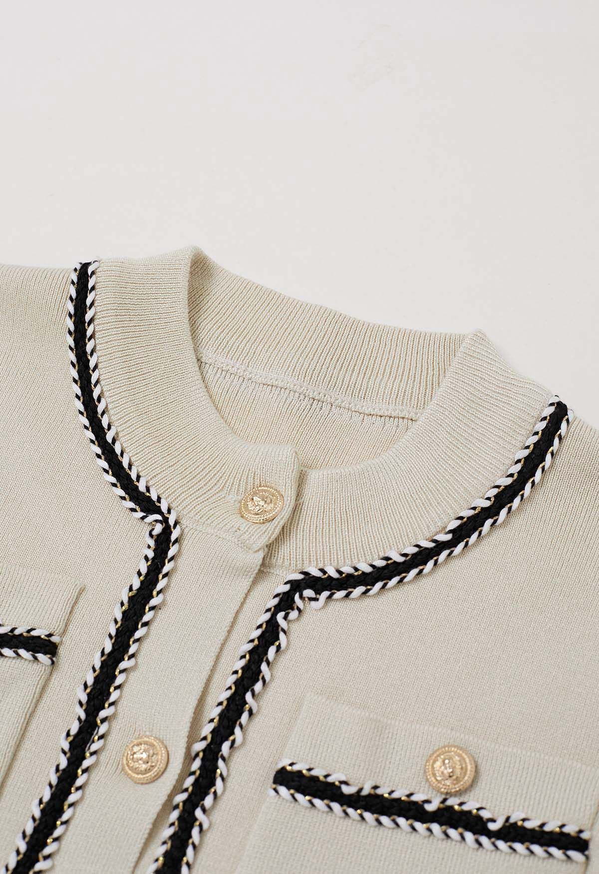 Contrast Braid Buttoned Knit Cardigan in Oatmeal