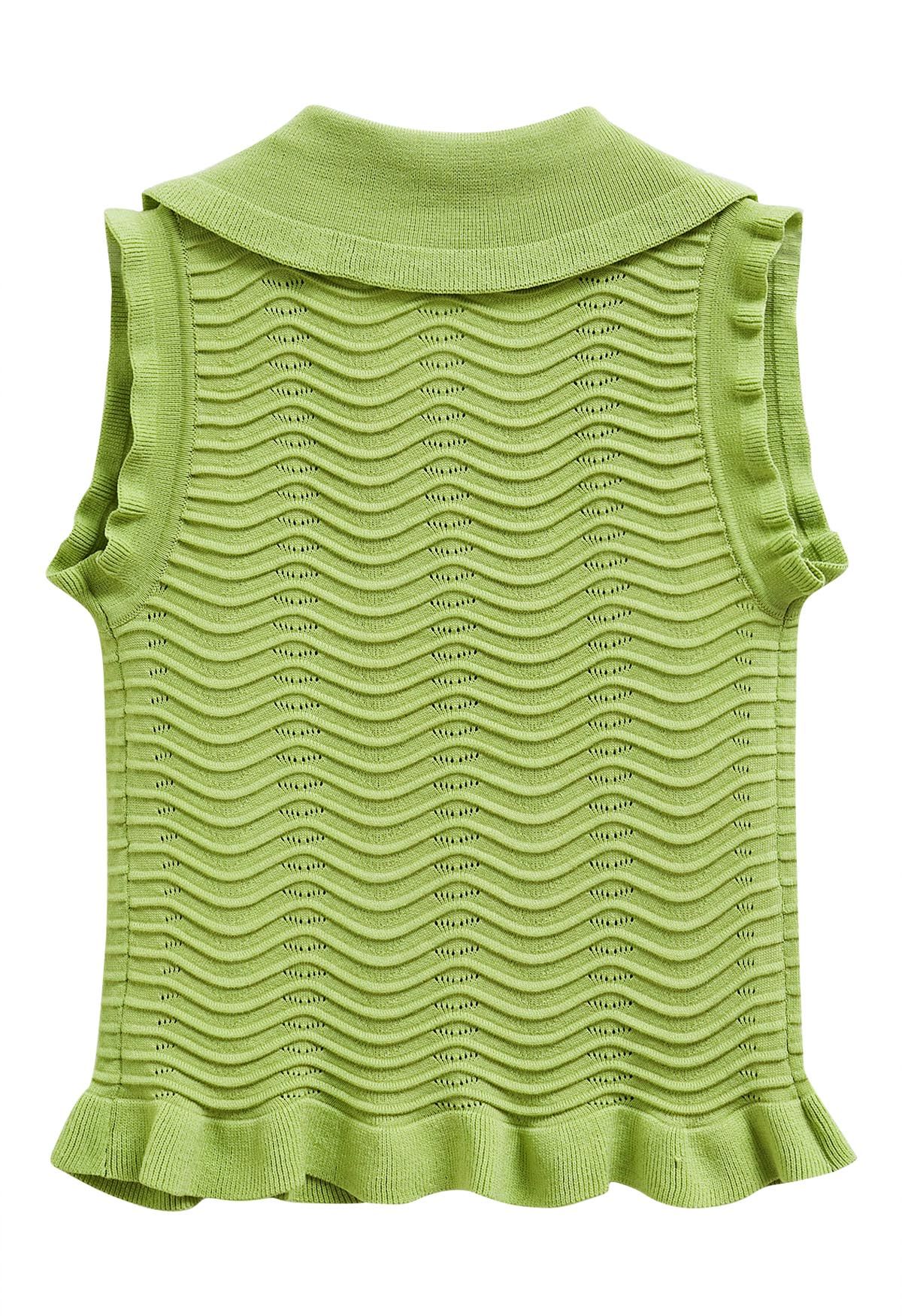 Ruffle Edge Wavy Pointelle Knit Top in Green