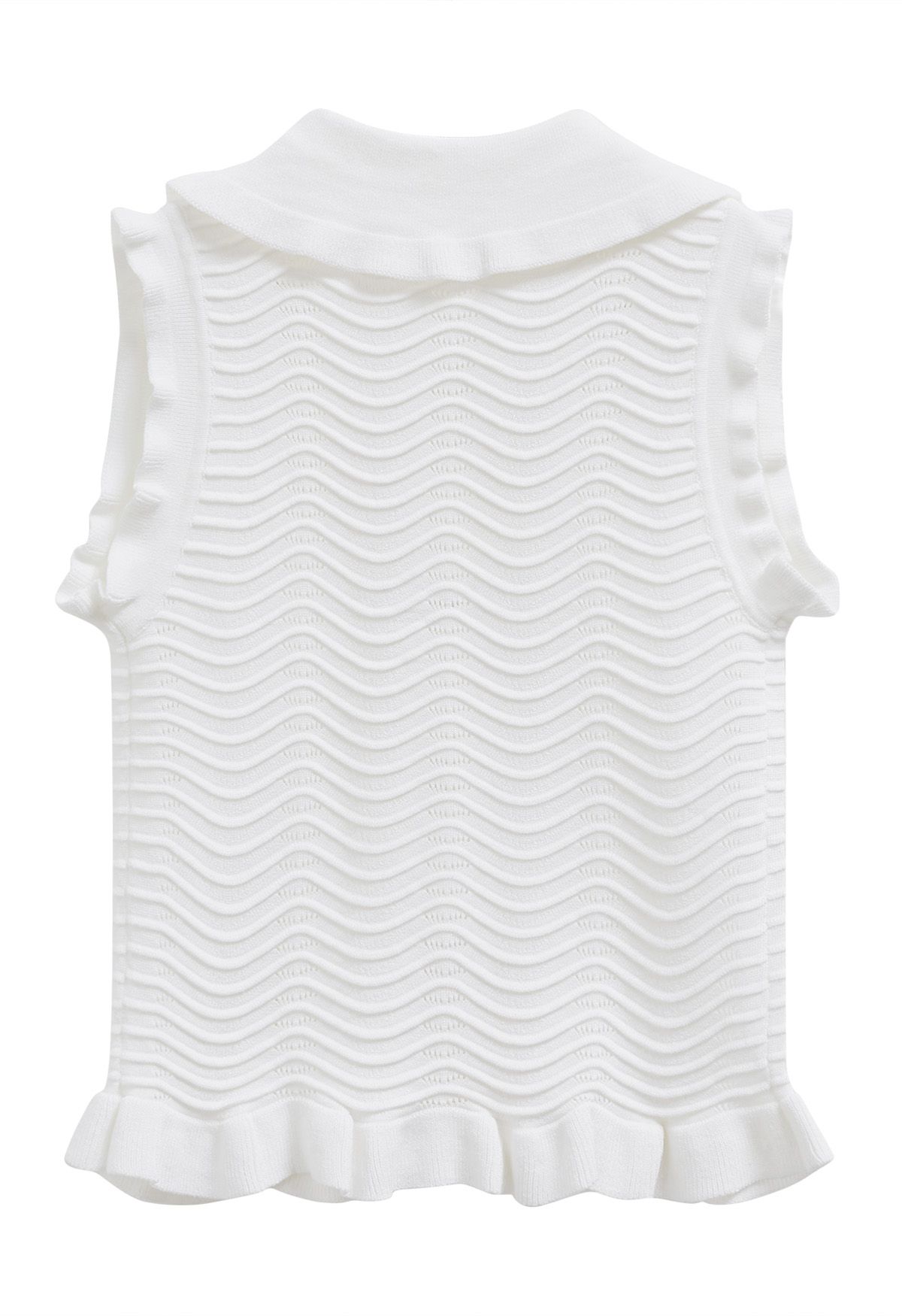 Ruffle Edge Wavy Pointelle Knit Top in White