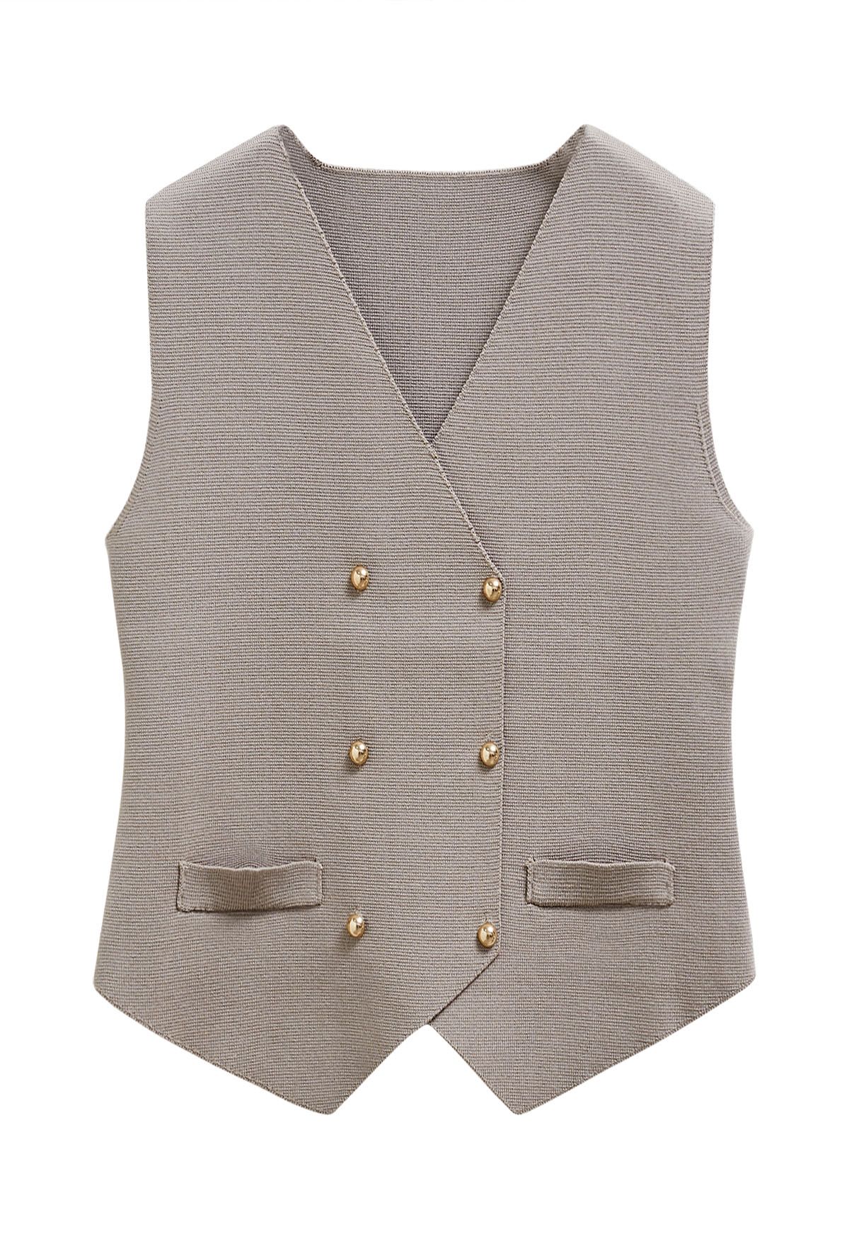 Asymmetric Hem Double-Breasted Knit Vest in Taupe