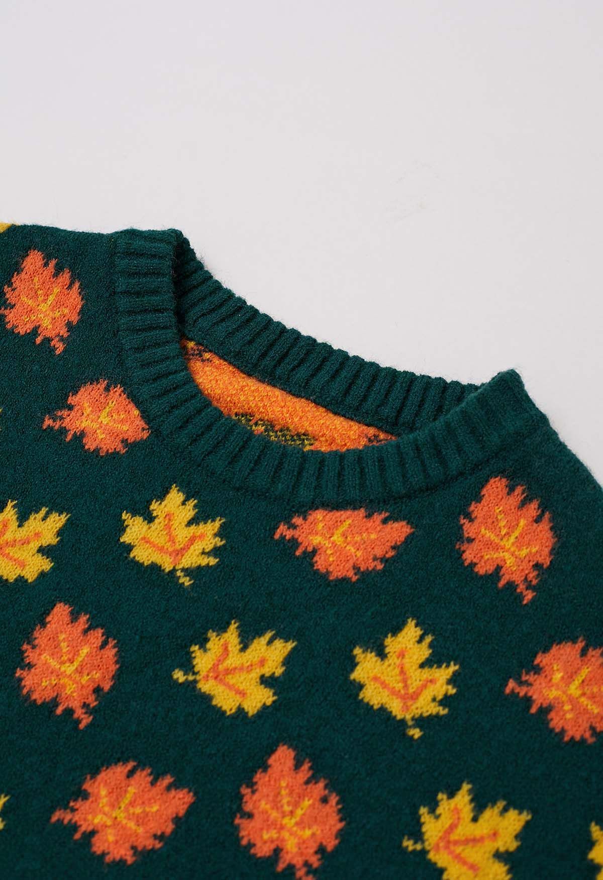 Maple Leaf Long Sleeves Oversized Knit Sweater in Green