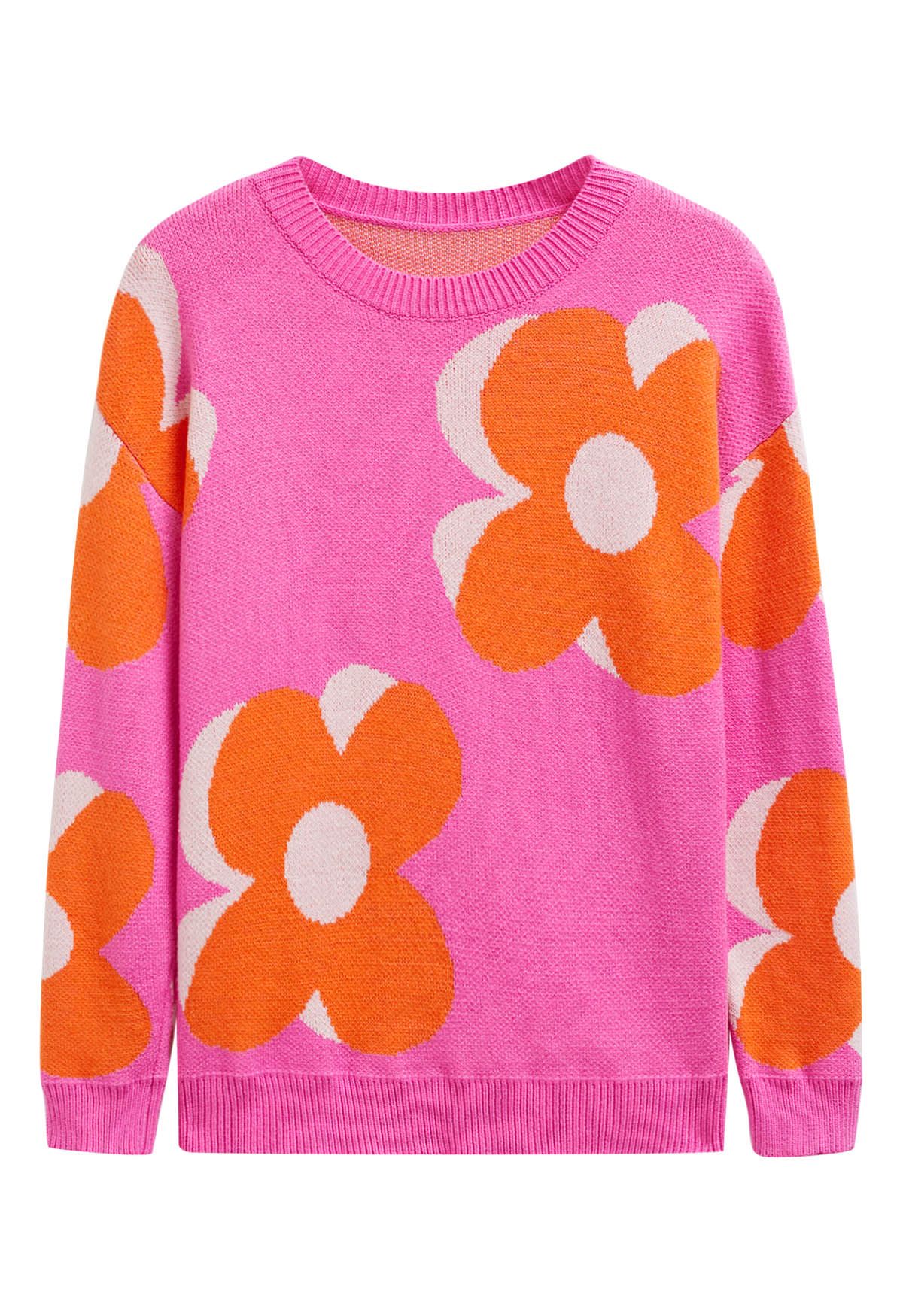 Flowering Day Jacquard Knit Sweater in Hot Pink