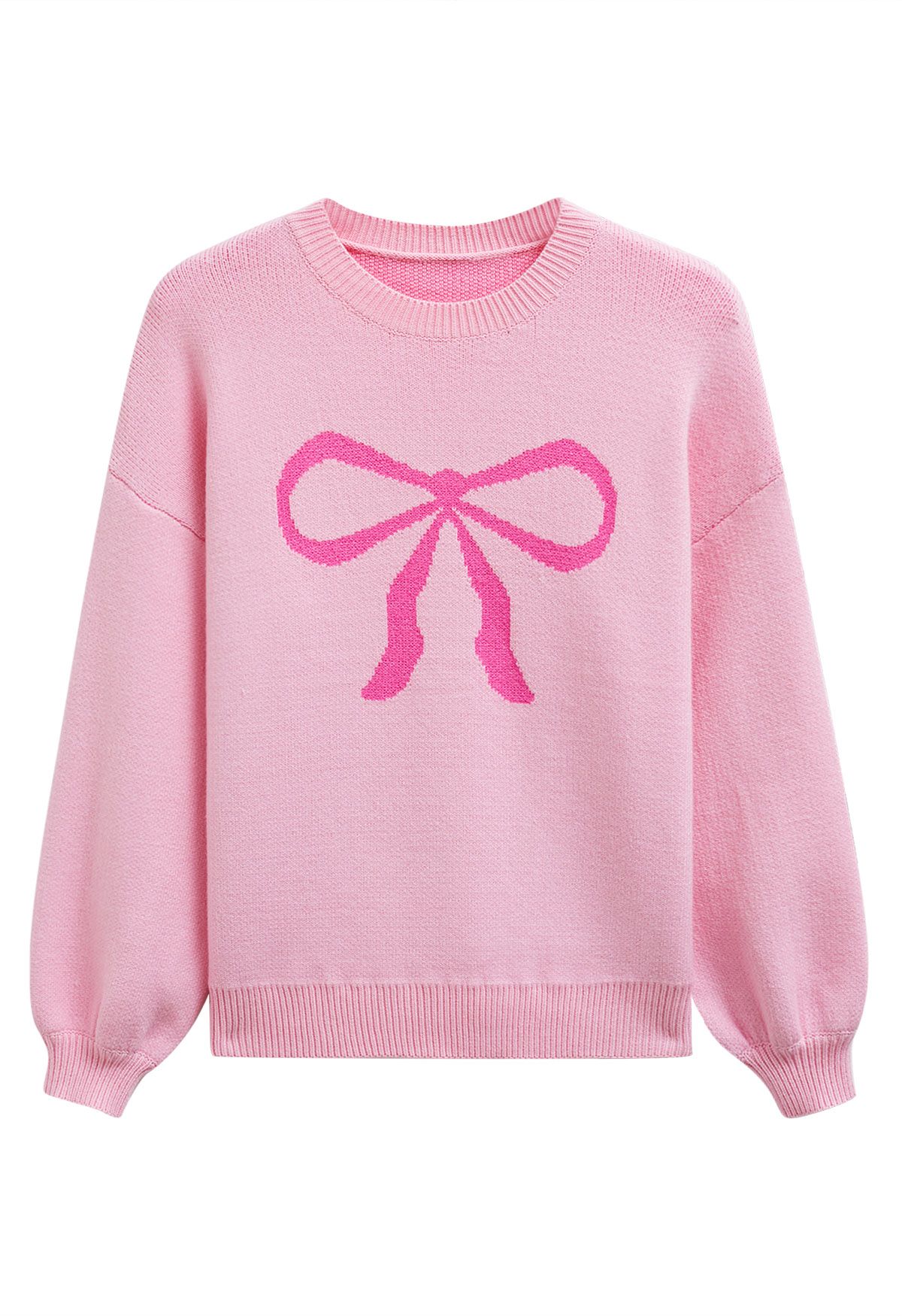 Ribbon Bowknot Pattern Jacquard Knit Sweater in Pink