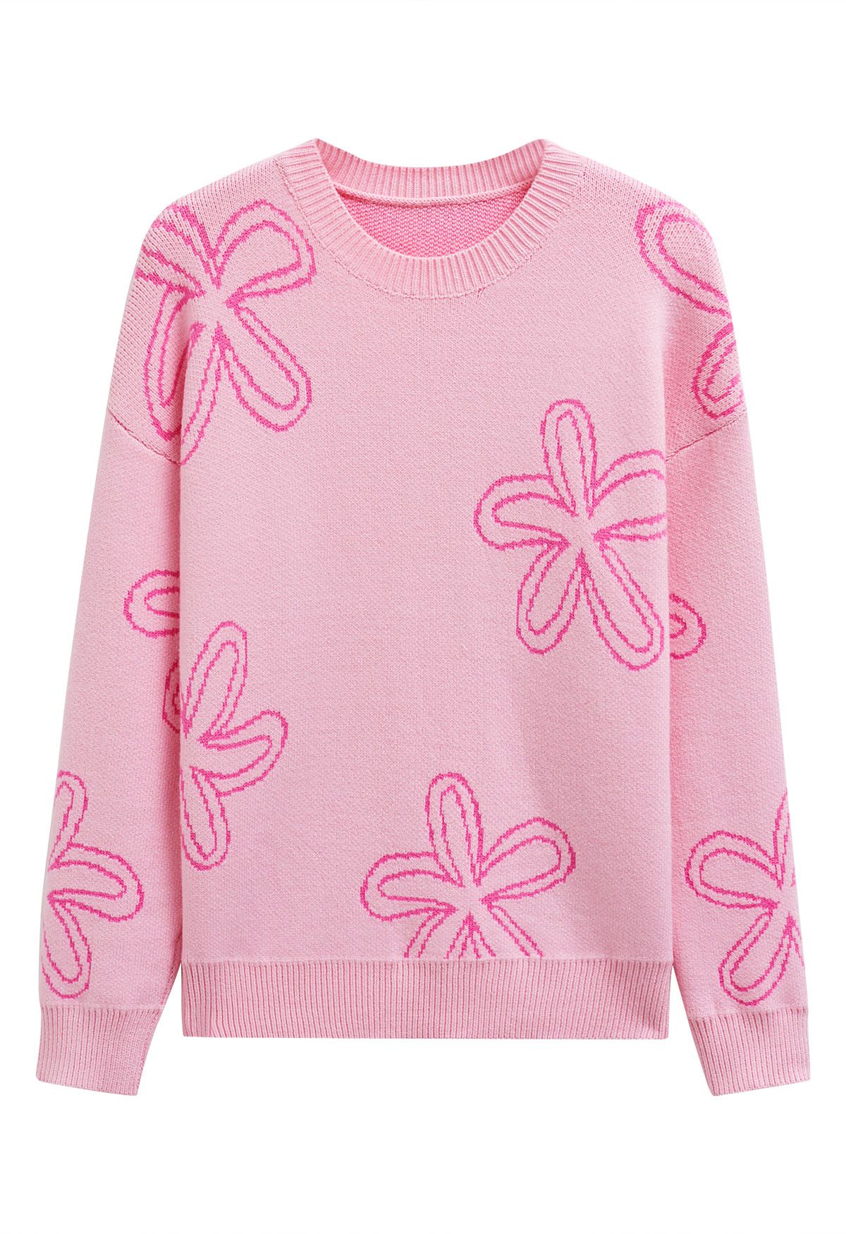 Floral Sketch Pattern Jacquard Knit Sweater in Pink