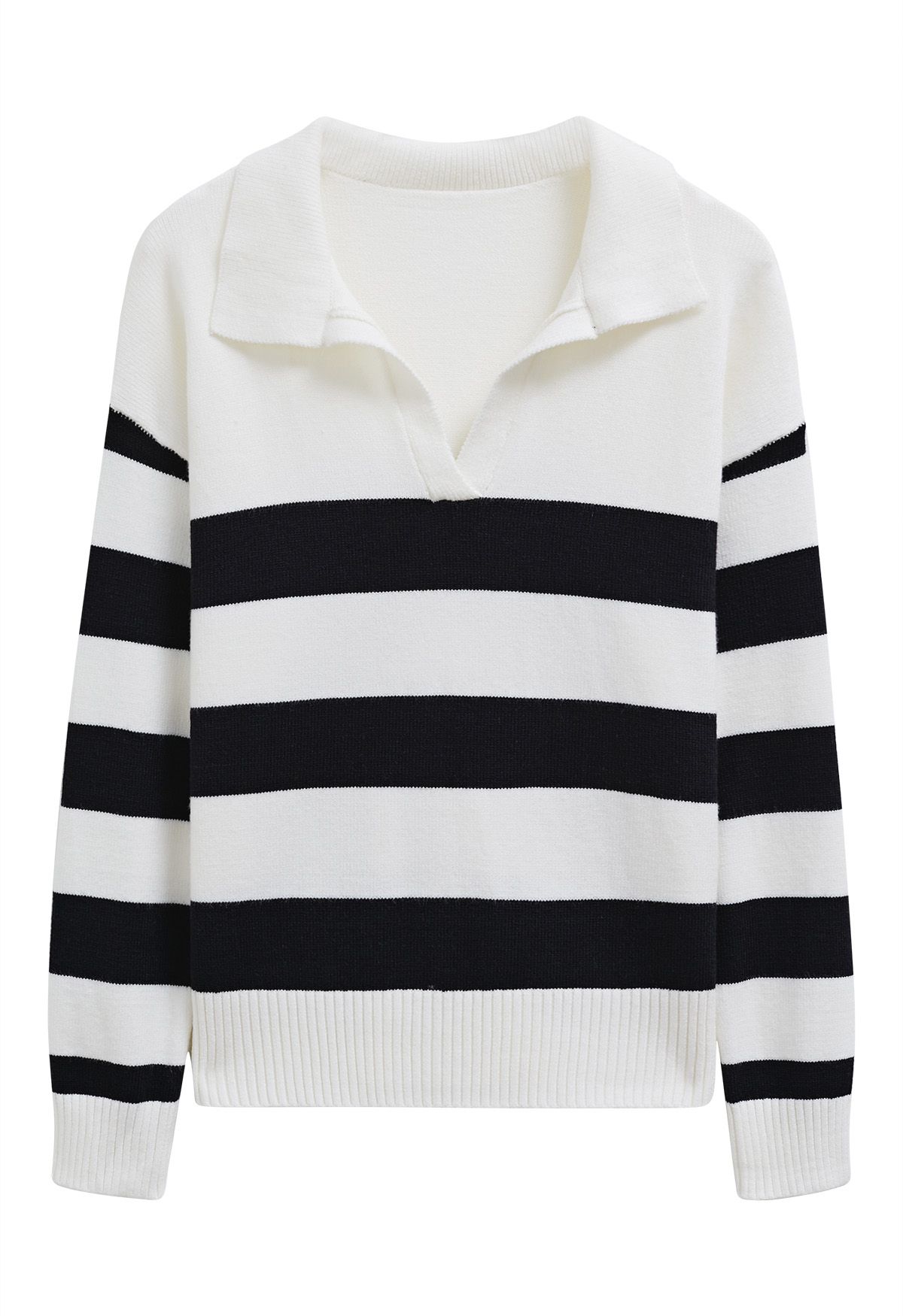 Contrast Stripe Collared V-Neck Knit Sweater in White