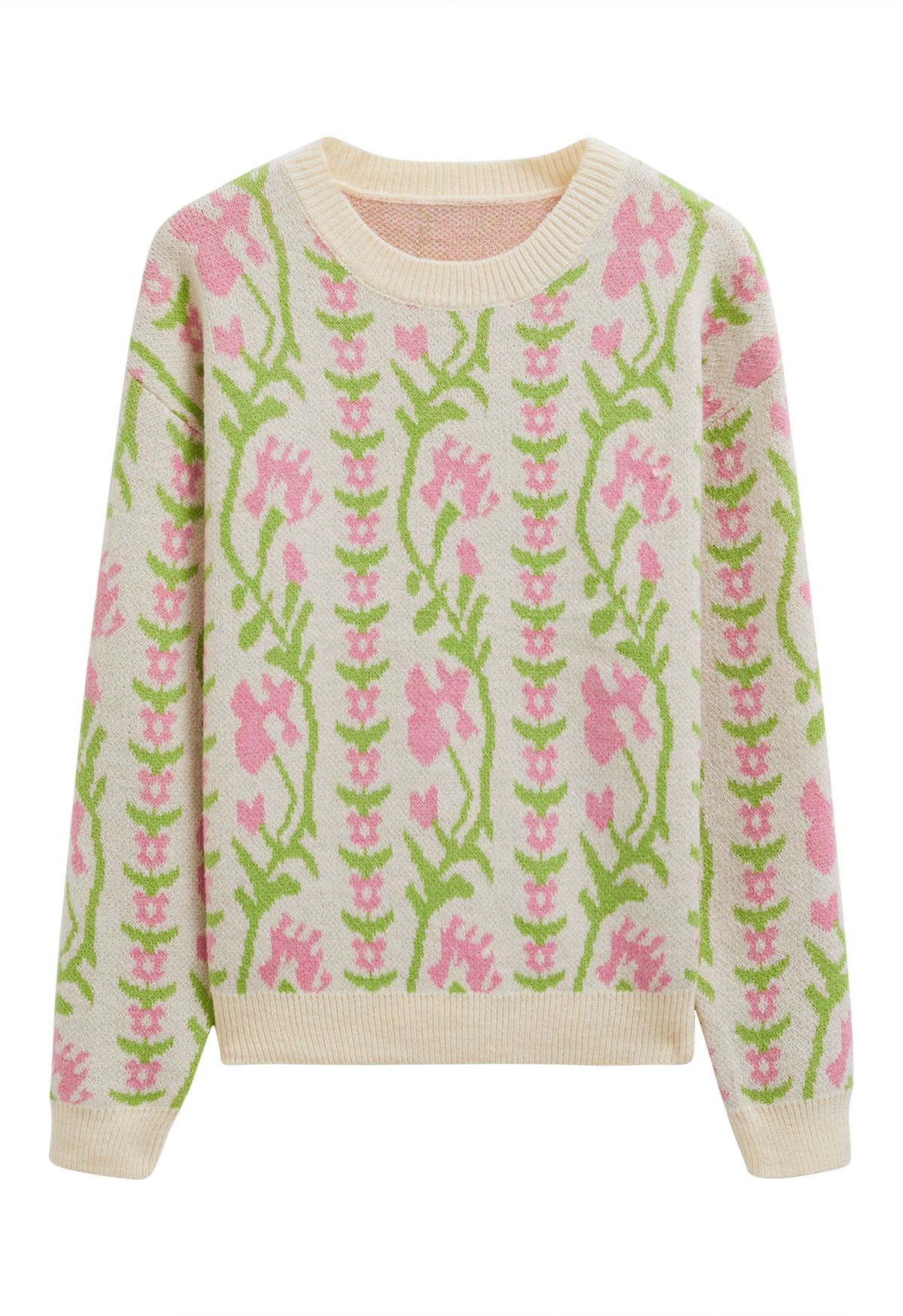 Floral Branch Jacquard Knit Sweater in Cream