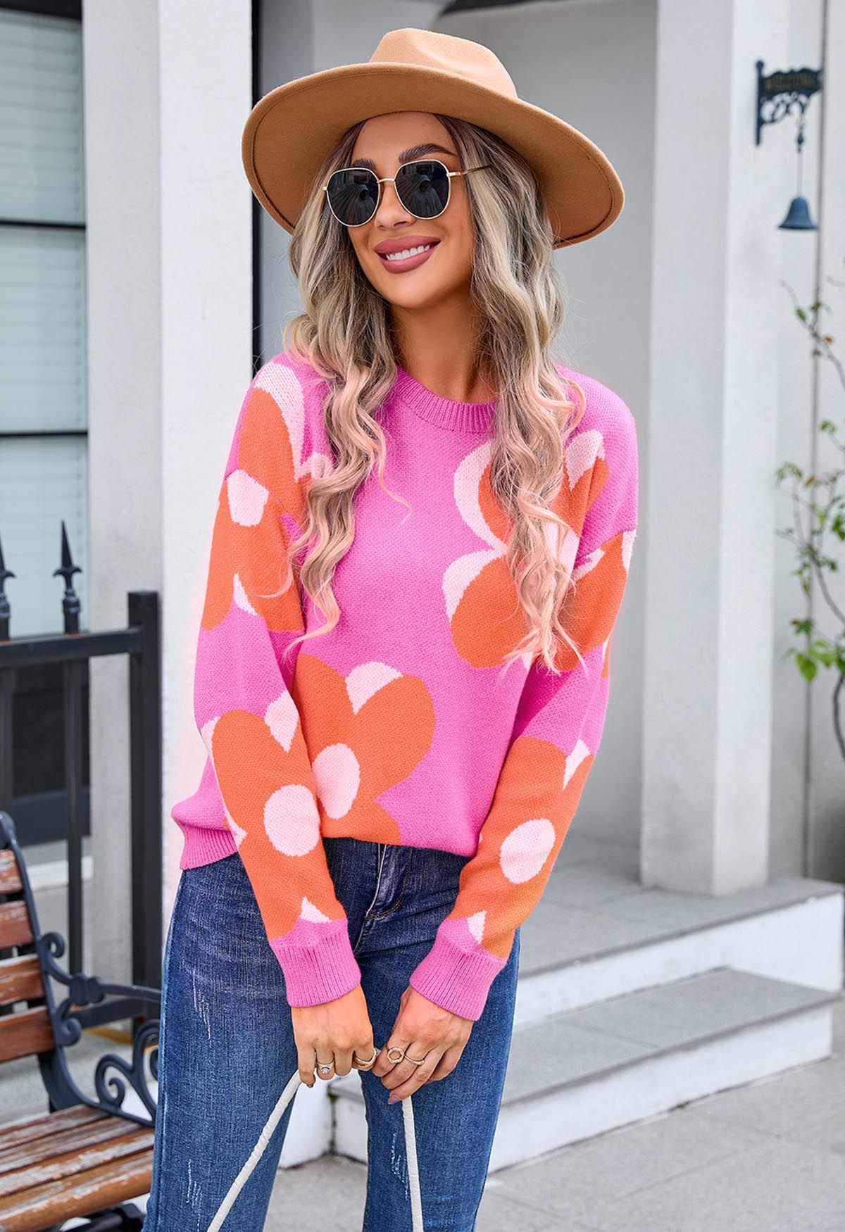 Flowering Day Jacquard Knit Sweater in Hot Pink