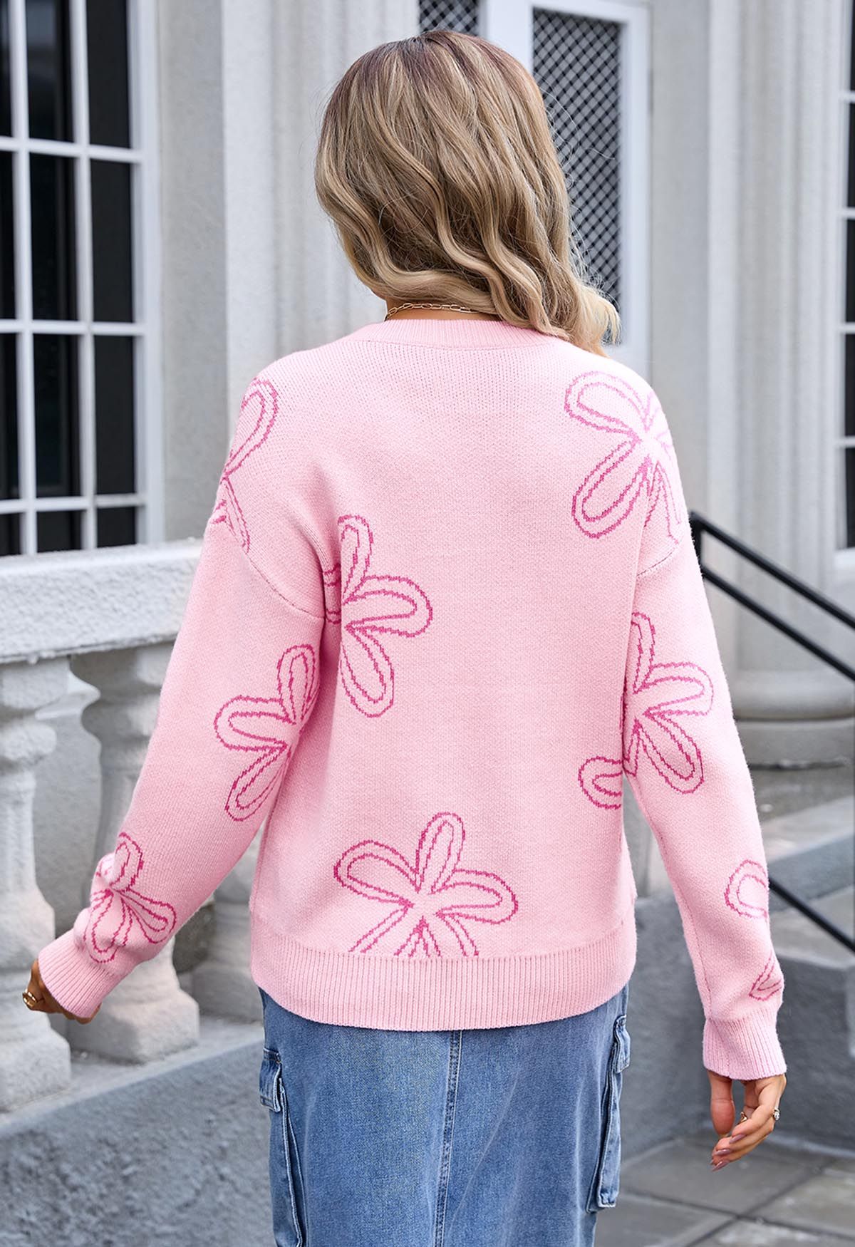 Floral Sketch Pattern Jacquard Knit Sweater in Pink