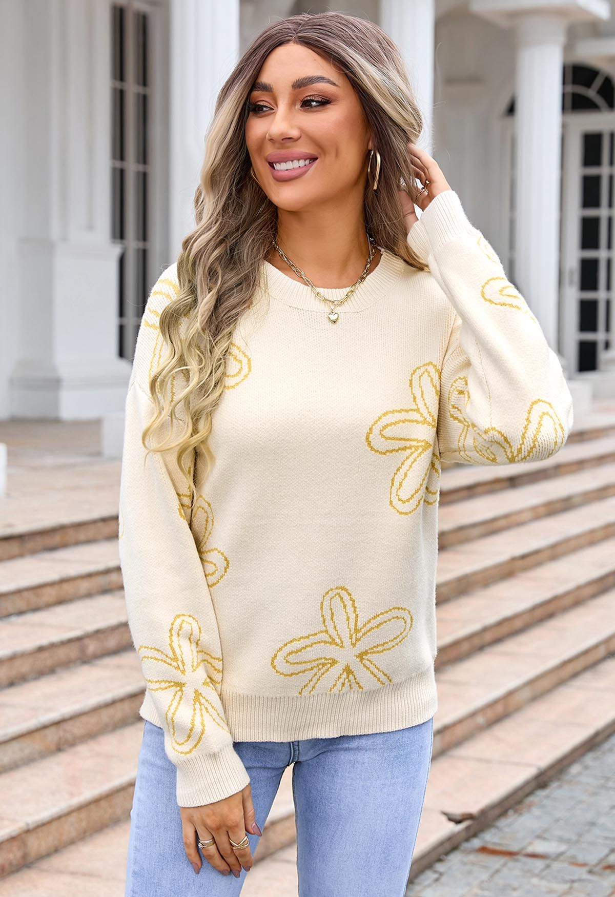 Floral Sketch Pattern Jacquard Knit Sweater in Light Yellow