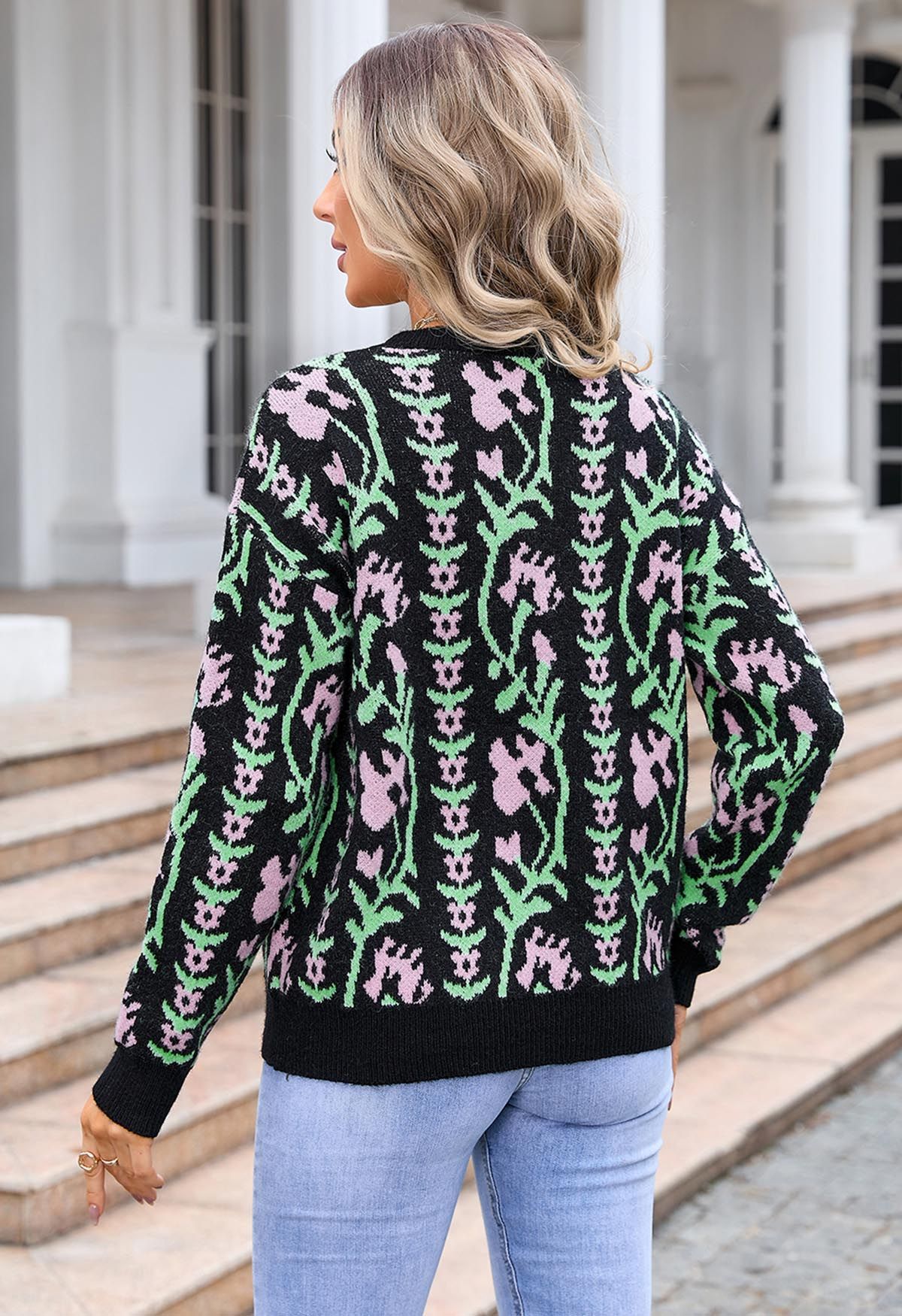 Floral Branch Jacquard Knit Sweater in Black