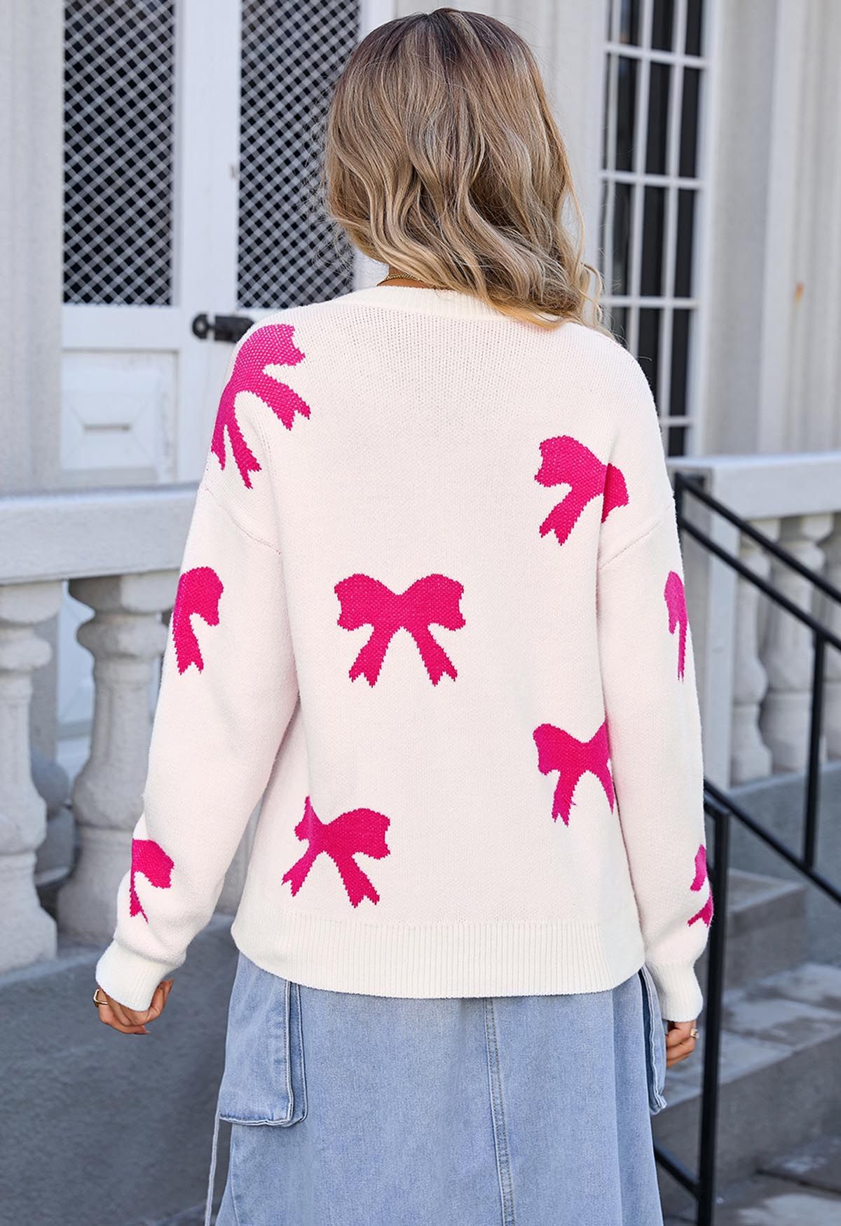 Pink Cartoon Bowknot Jacquard Knit Sweater