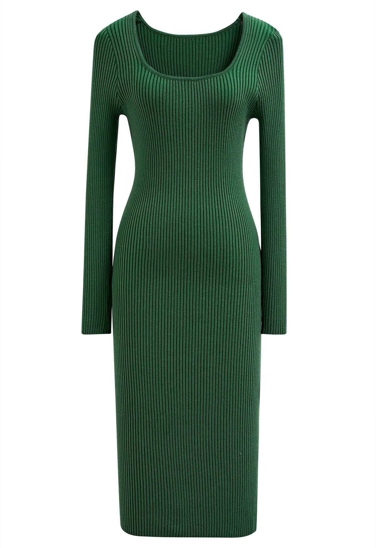 Square Neck Split Hem Knit Dress in Green