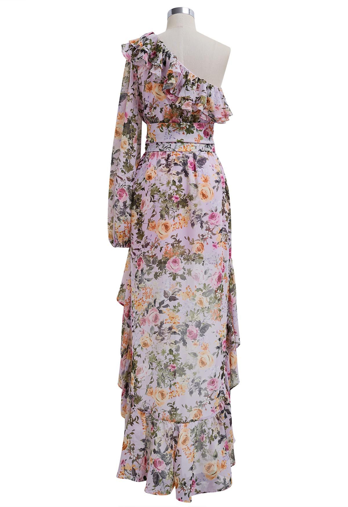 Floral One-Shoulder Ruffle Hi-Lo Maxi Dress