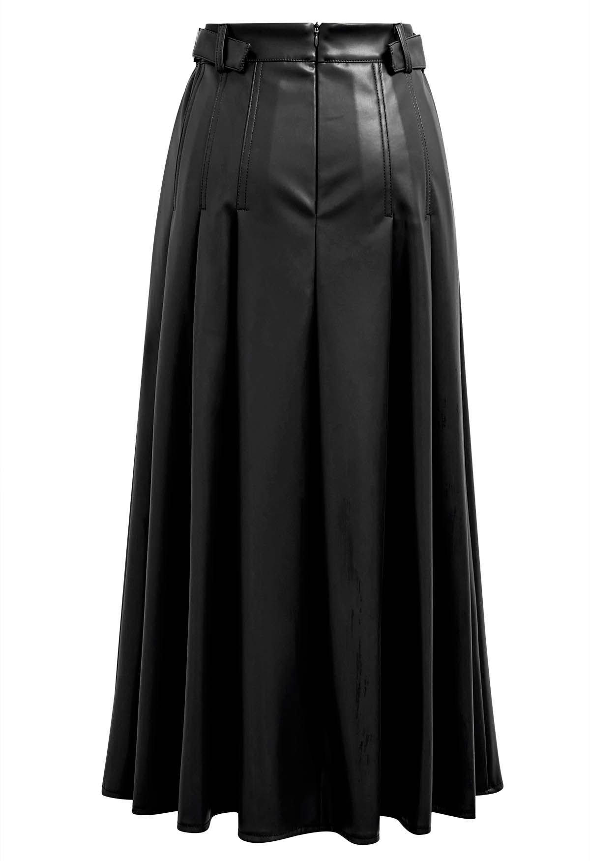 Side Belt Faux Leather Pleated Midi Skirt in Black