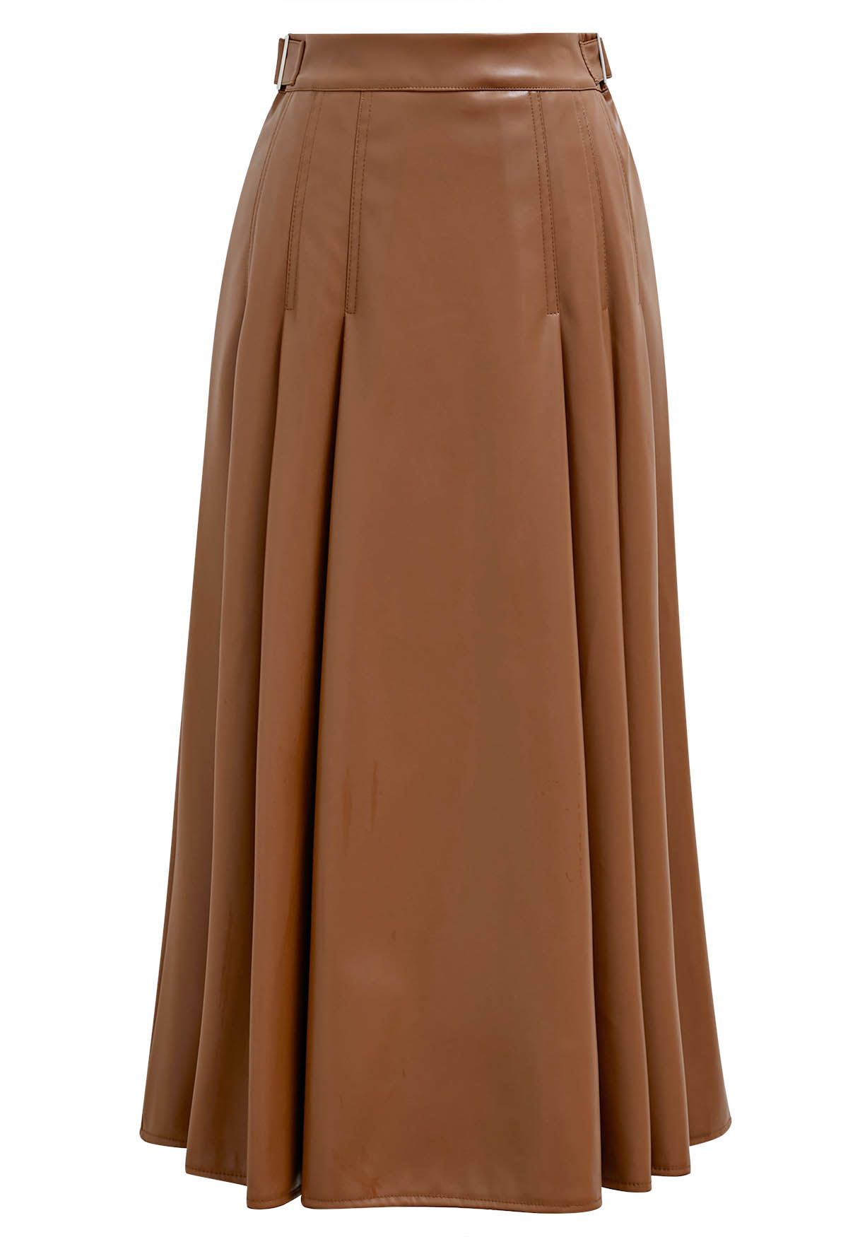 Side Belt Faux Leather Pleated Midi Skirt in Caramel