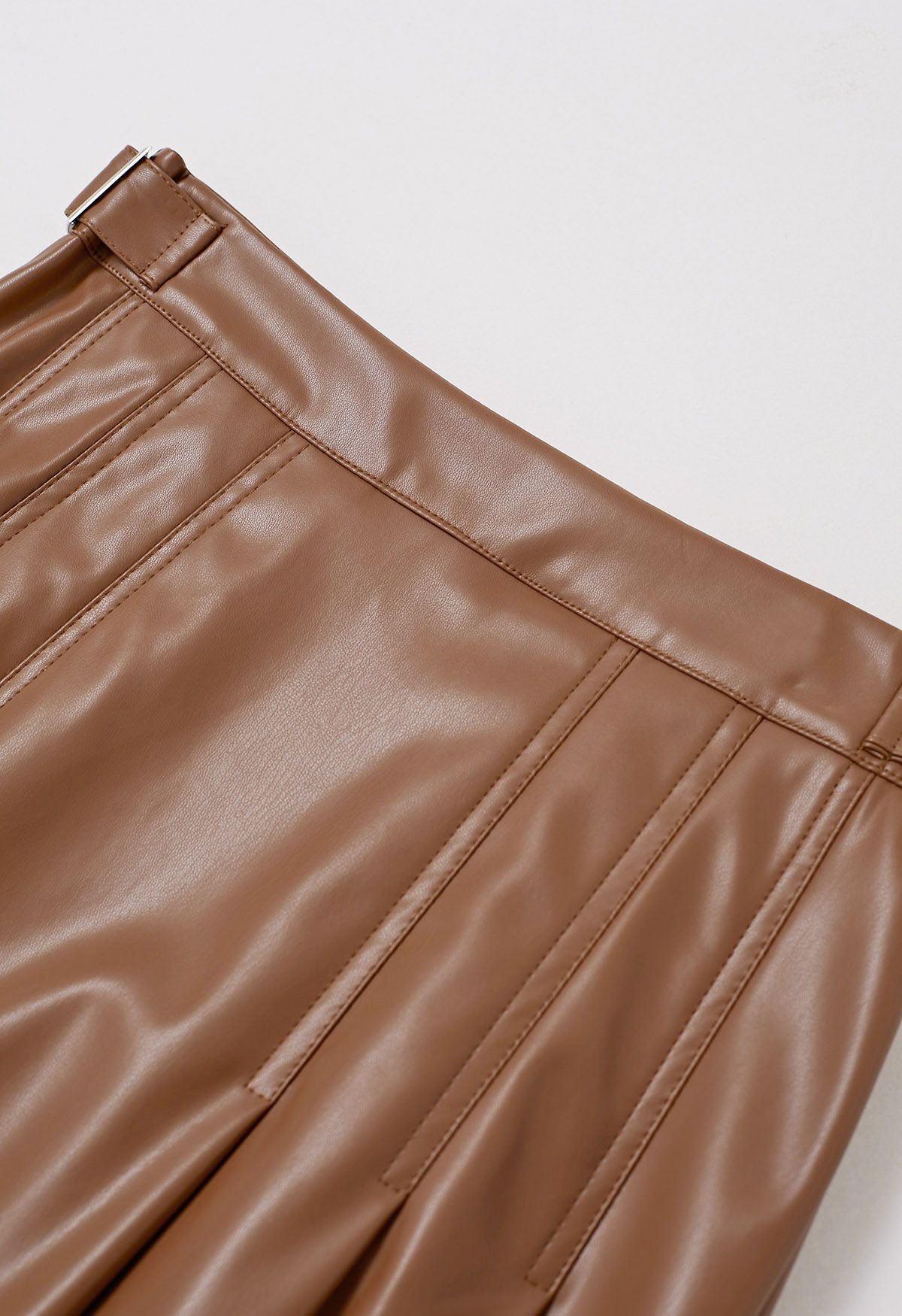 Side Belt Faux Leather Pleated Midi Skirt in Caramel