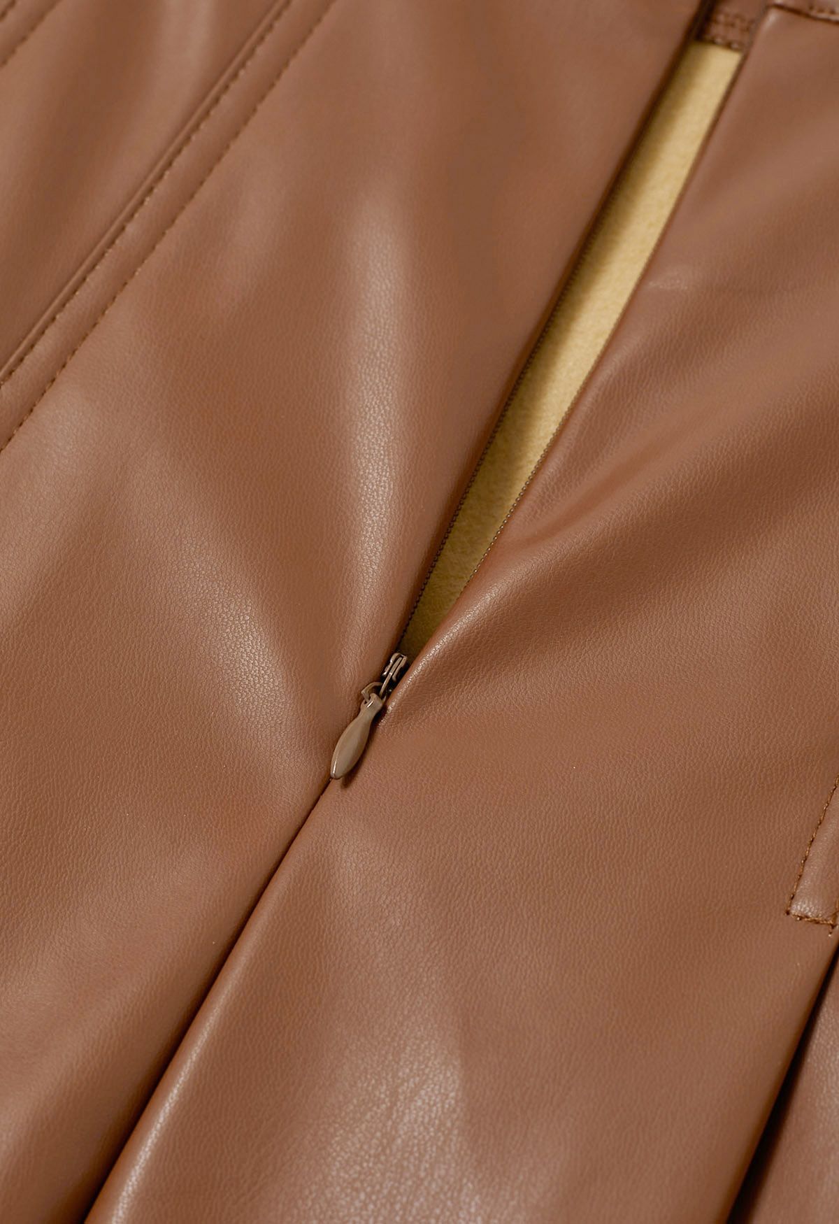 Side Belt Faux Leather Pleated Midi Skirt in Caramel