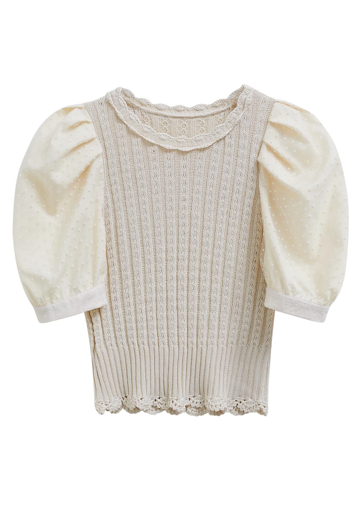 Flock Dot Mesh Sleeve Spliced Knit Top in Oatmeal