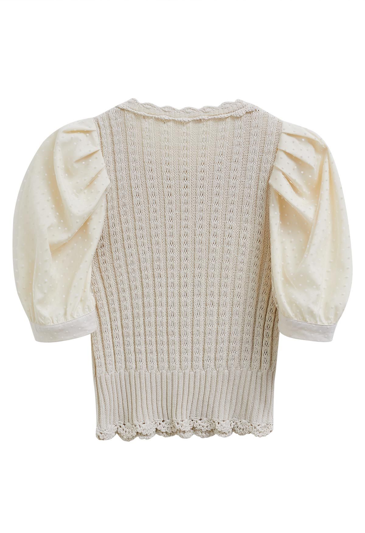 Flock Dot Mesh Sleeve Spliced Knit Top in Oatmeal