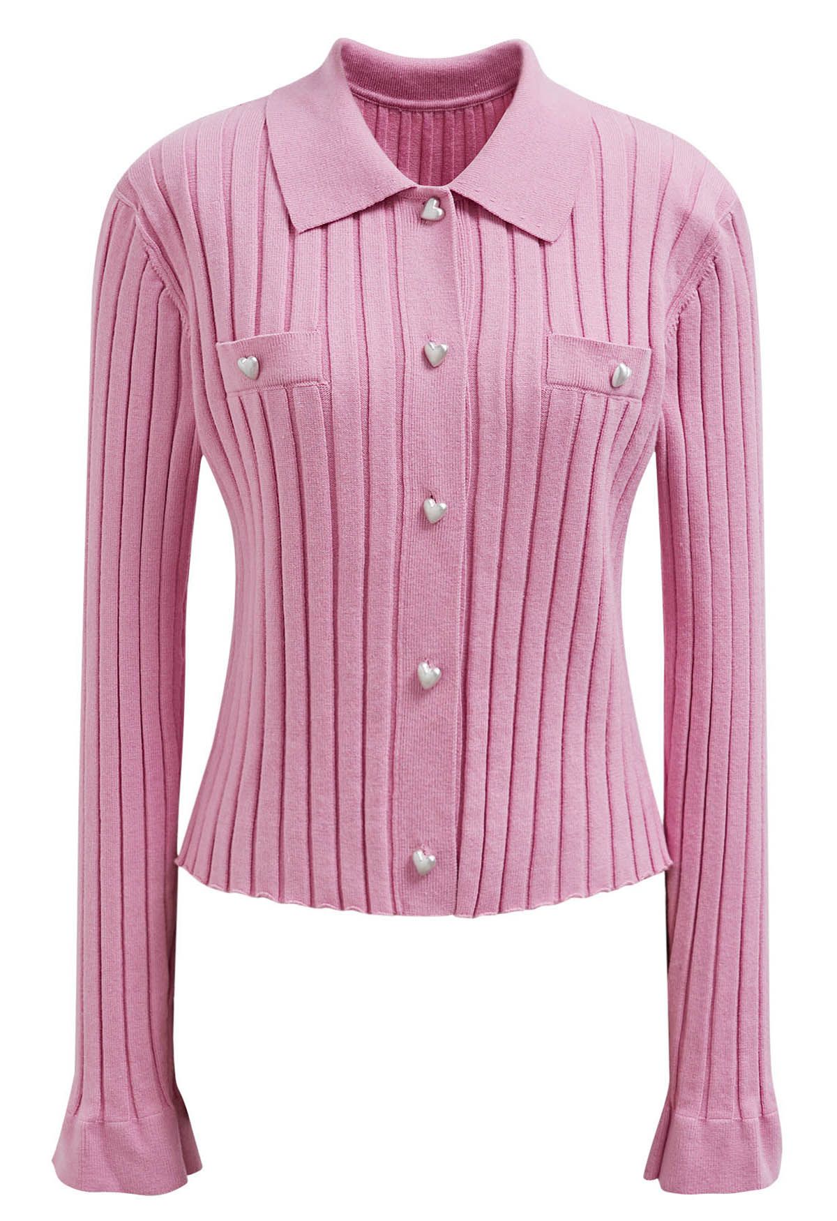 Heart-Shape Button Down Collar Knit Top in Pink