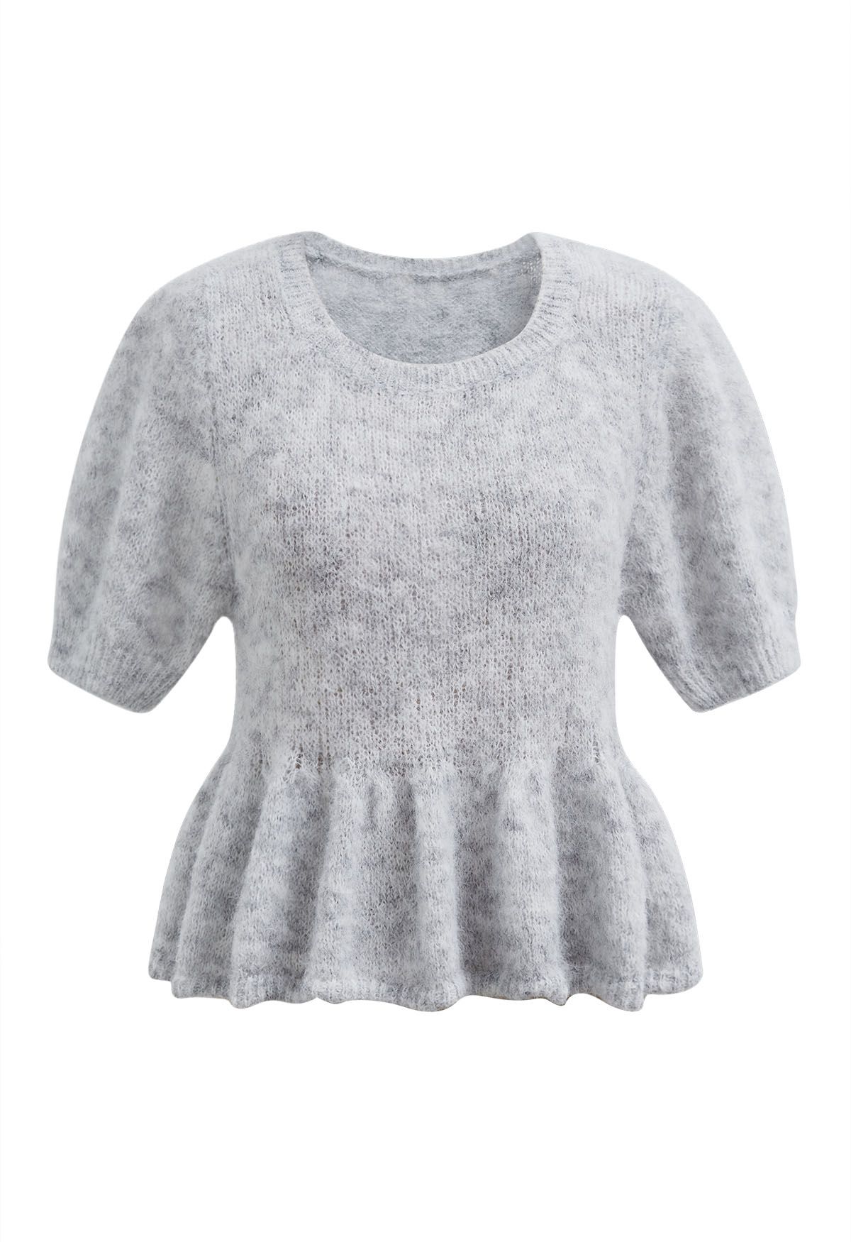 Peplum Flair Fuzzy Knit Top in Grey