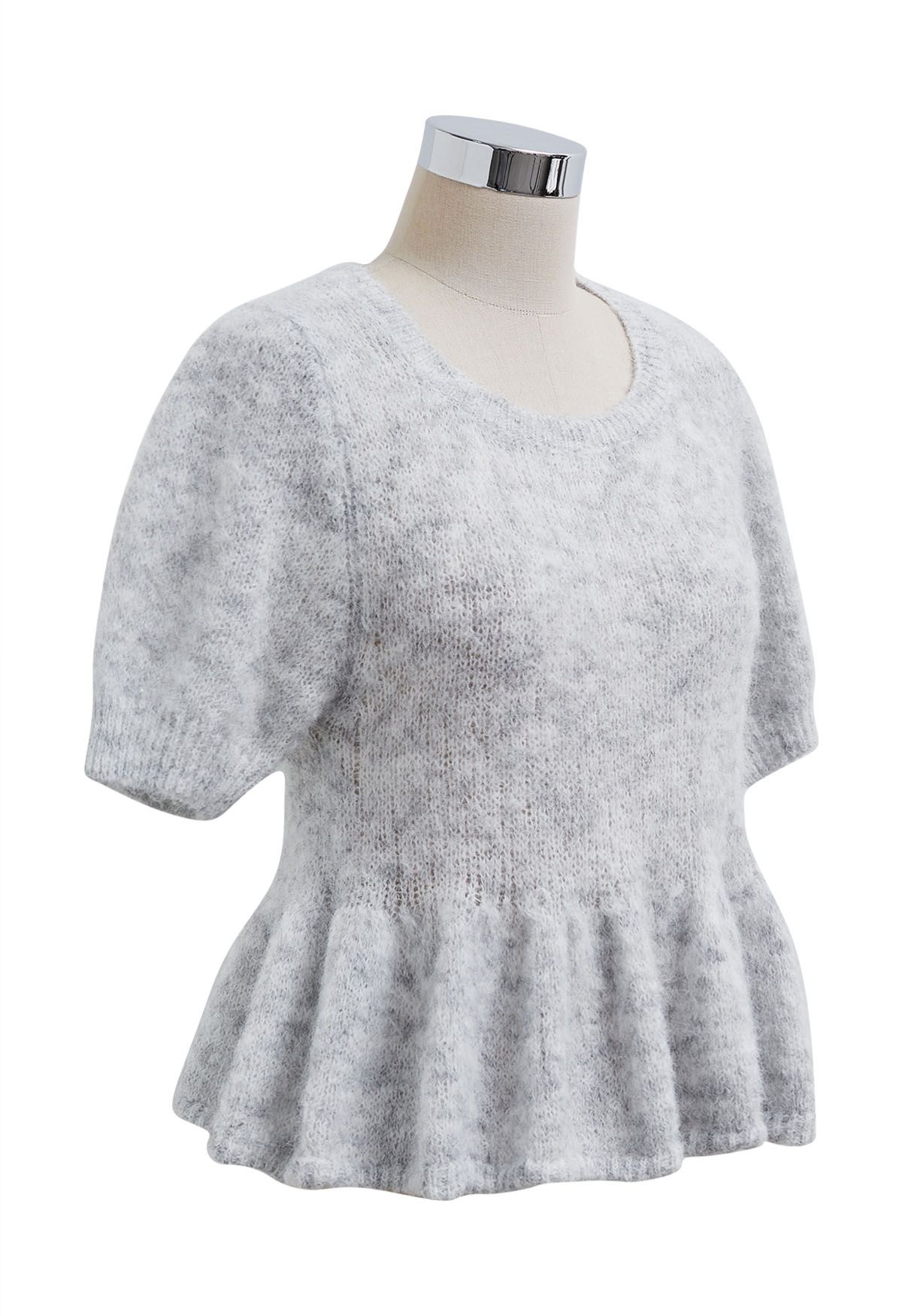 Peplum Flair Fuzzy Knit Top in Grey