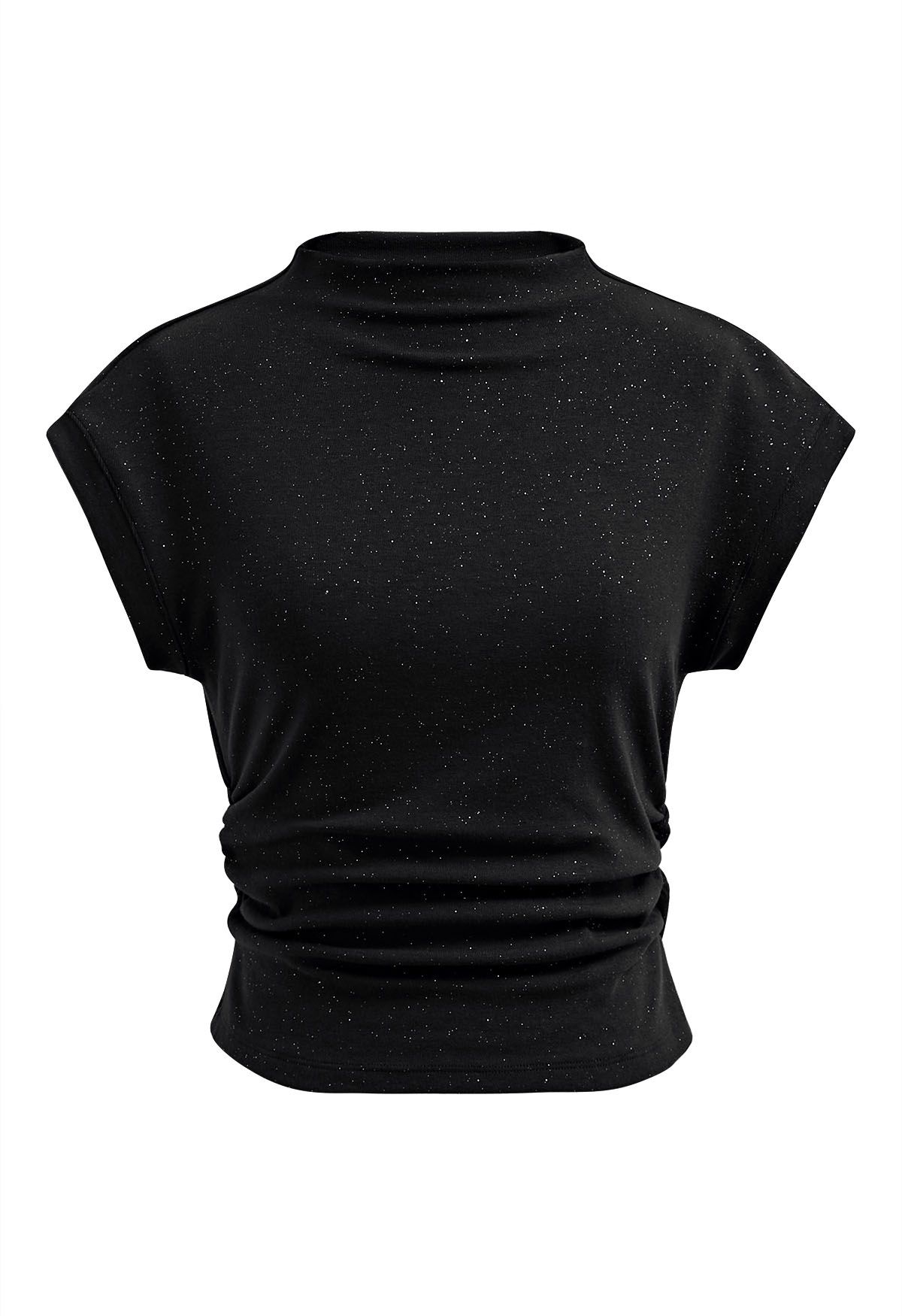 Shimmering Ruched Waist Cap Sleeves Top in Black