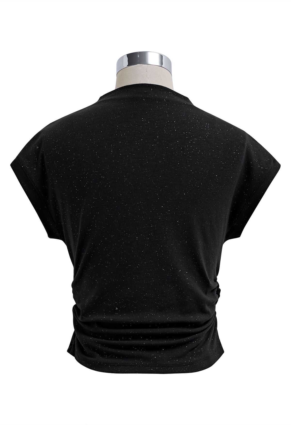 Shimmering Ruched Waist Cap Sleeves Top in Black