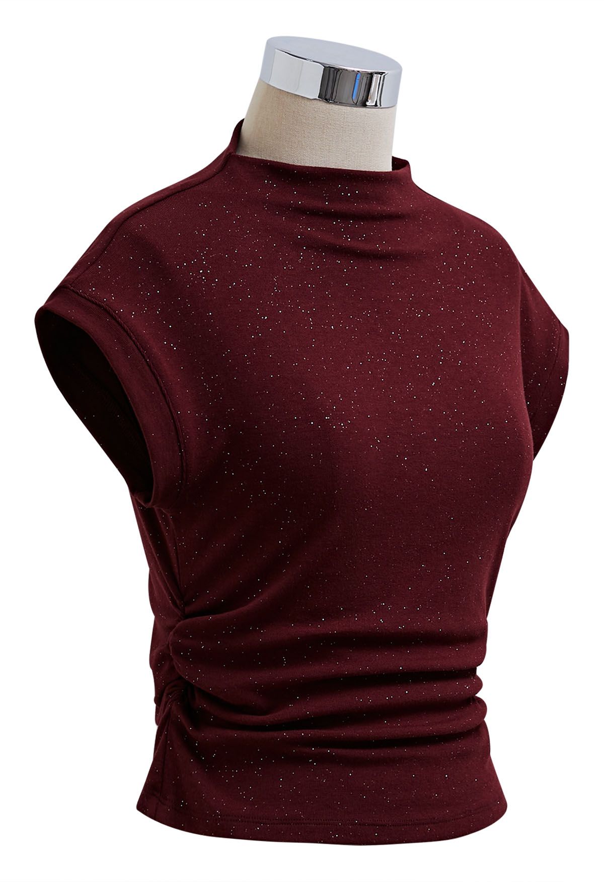 Shimmering Ruched Waist Cap Sleeves Top in Burgundy