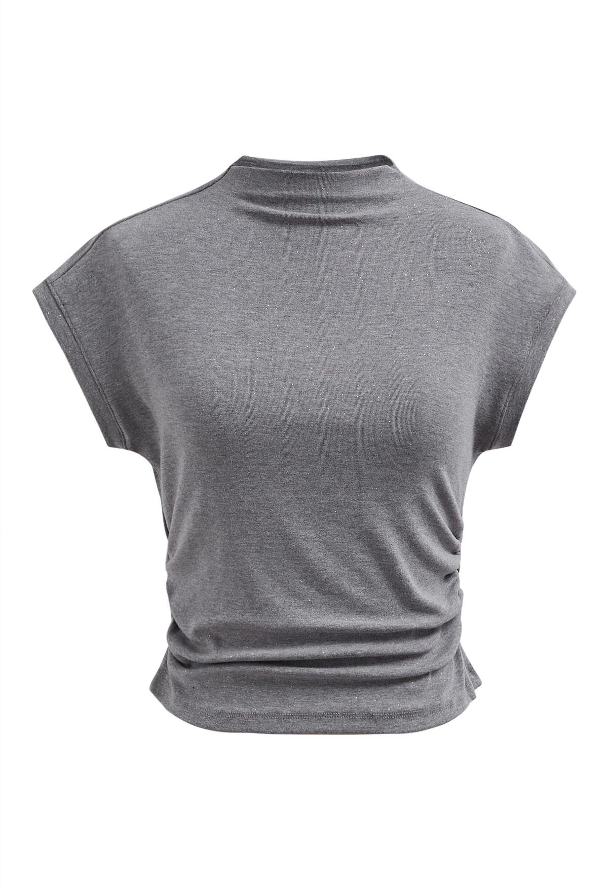 Shimmering Ruched Waist Cap Sleeves Top in Grey