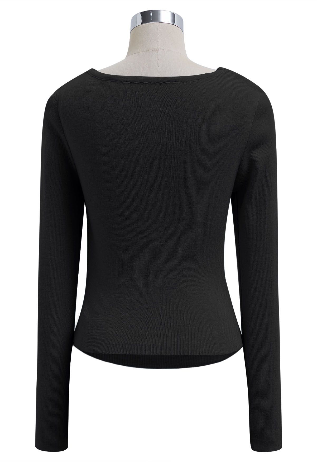 Gentle Crossover Long-Sleeve Knit Top in Black