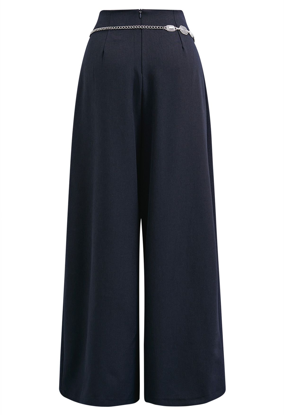 Chain-Embellished Pleated Palazzo Pants in Navy