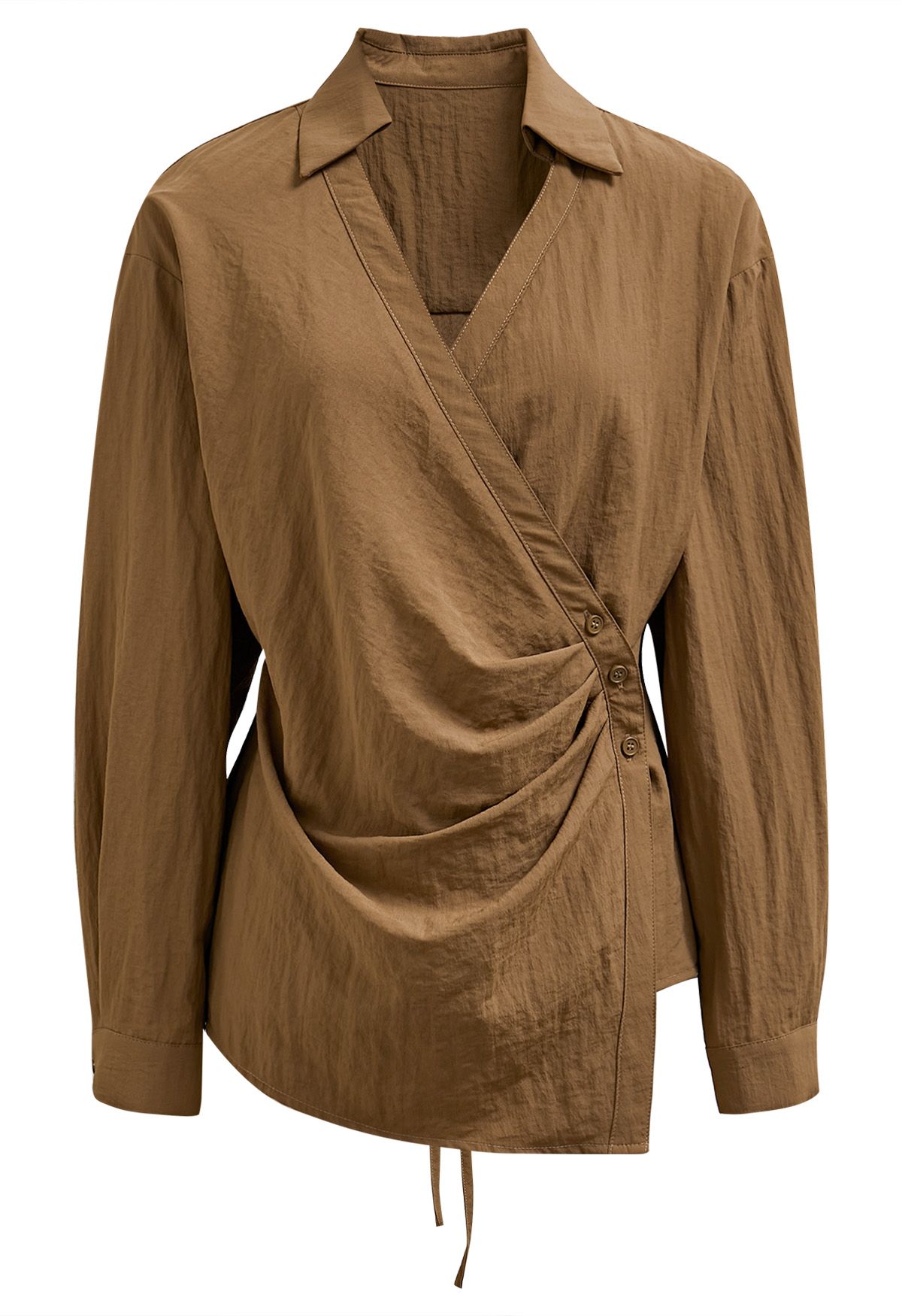 Side Pleats Collared Buttoned Wrap Shirt in Caramel