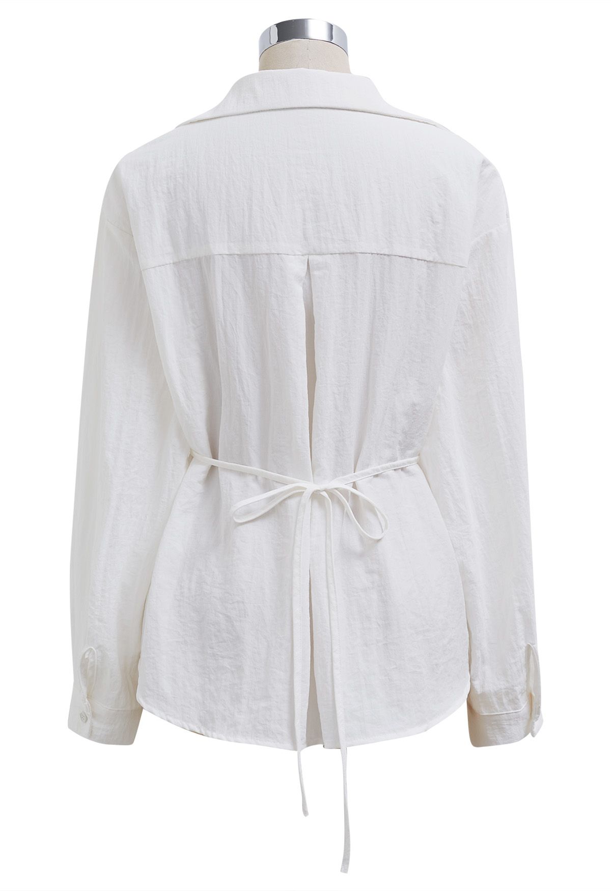 Side Pleats Collared Buttoned Wrap Shirt in White