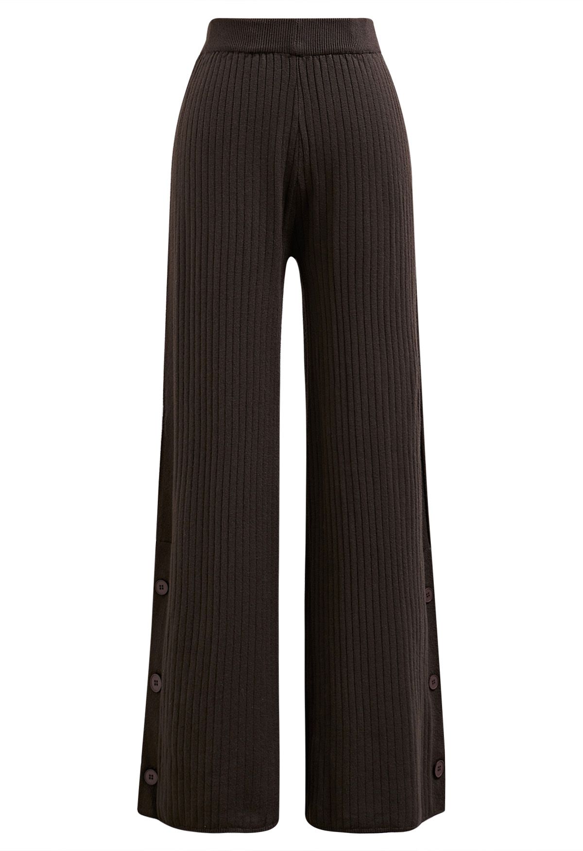 Buttoned Hem Ribbed Knit Pants in Brown