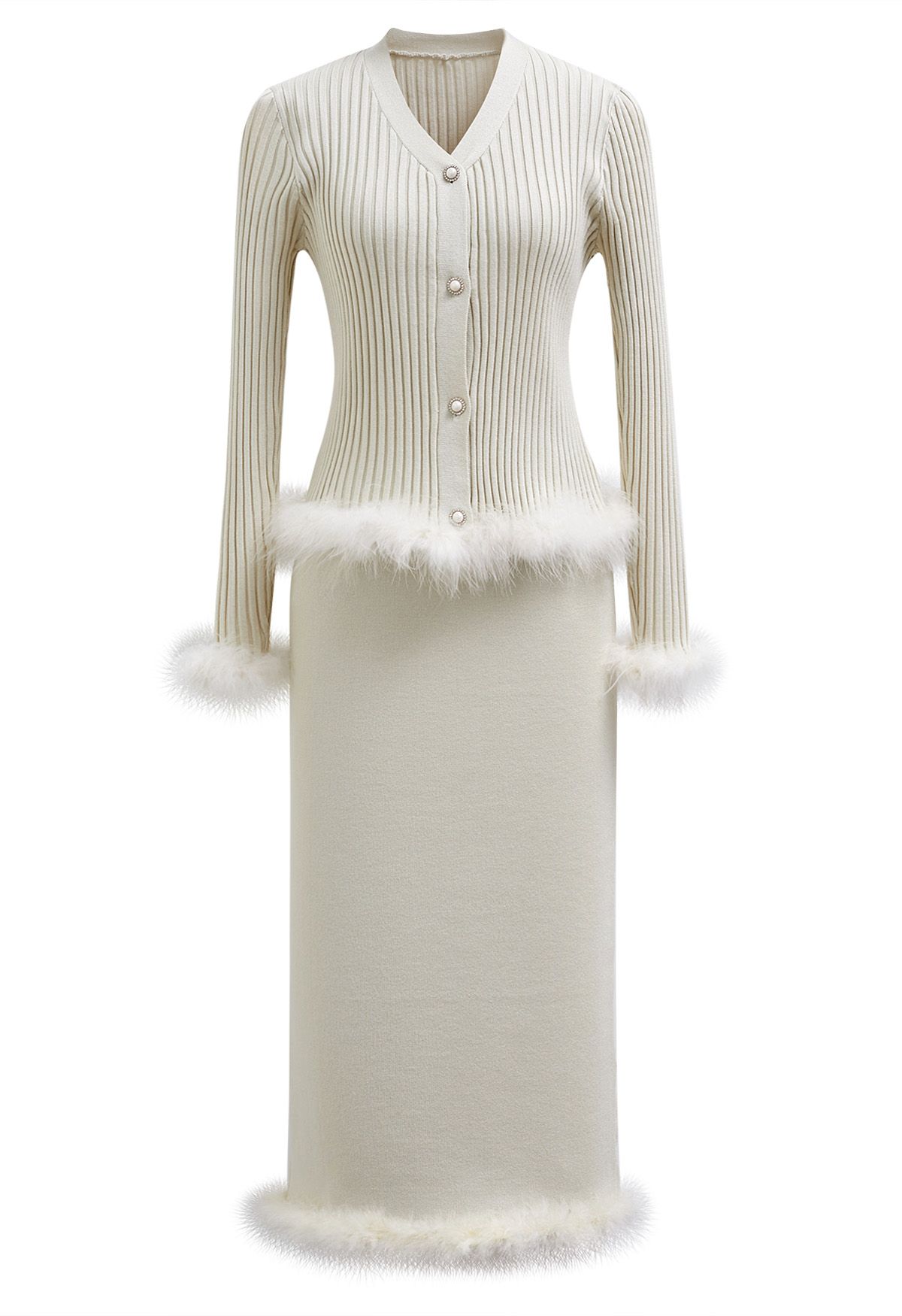 Feather Trim Button Knit Top and Midi Skirt Set in Ivory