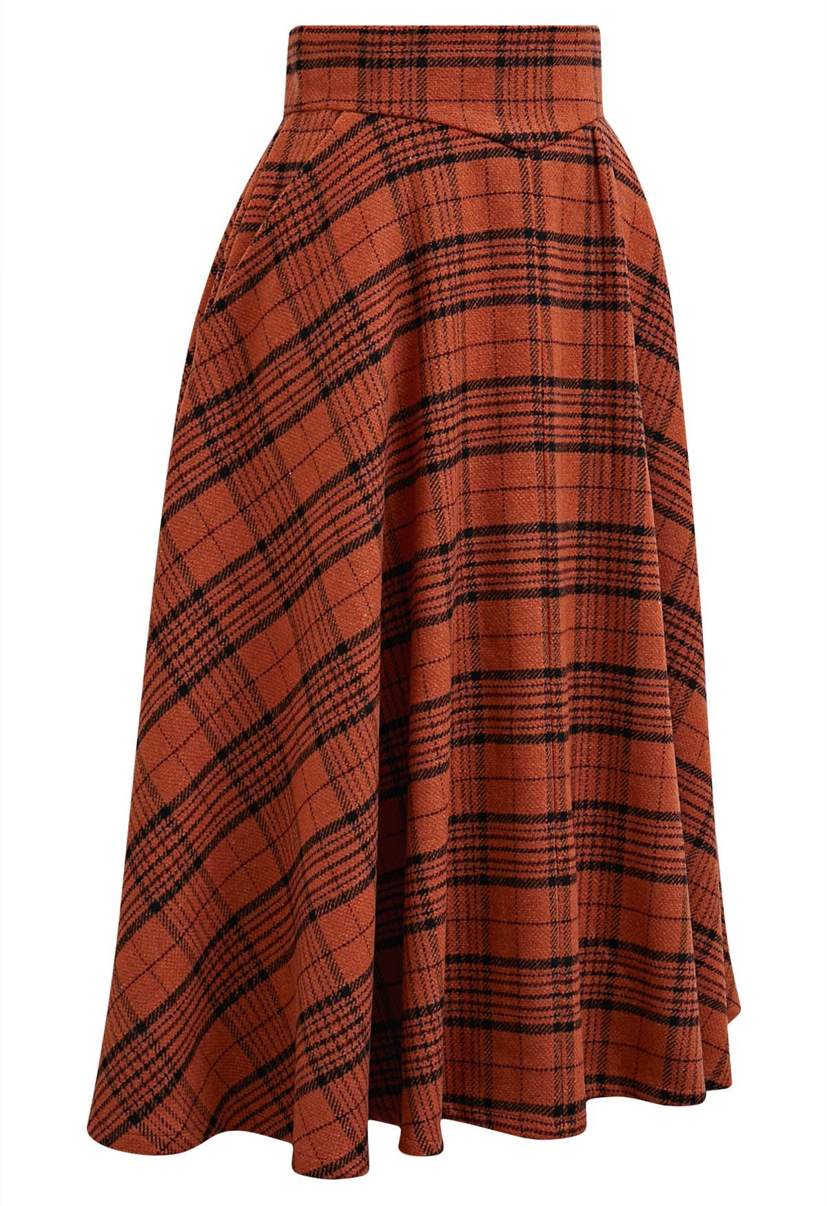 Autumnal Plaid Side Pocket Midi Skirt