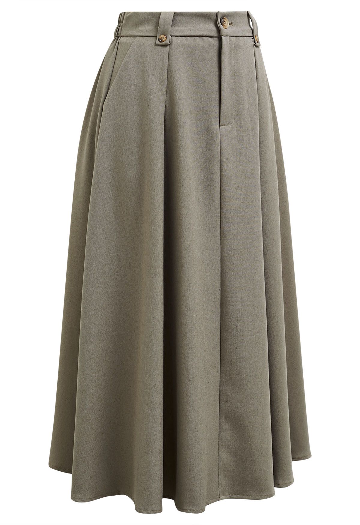 Dignified Buttons Trim A-Line Midi Skirt in Khaki