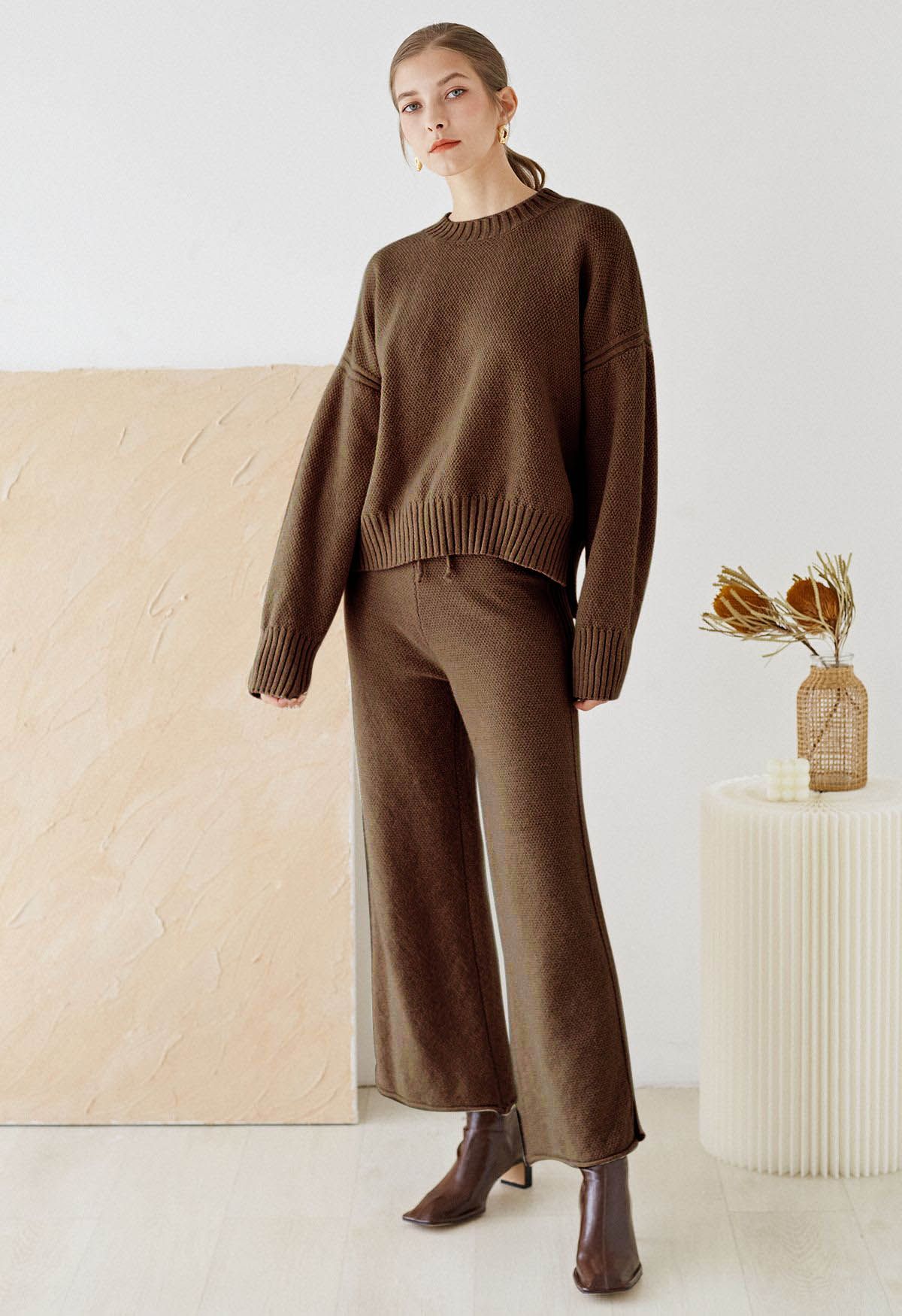 Waffle Knit Hi-Lo Sweater and Wide Leg Pants Set in Brown