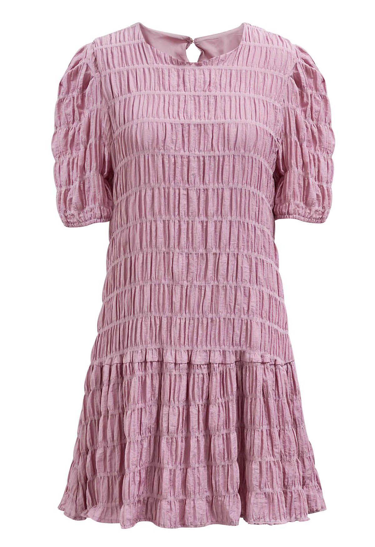 Flowing Embossed Pleat Detail Mini Dress in Pink