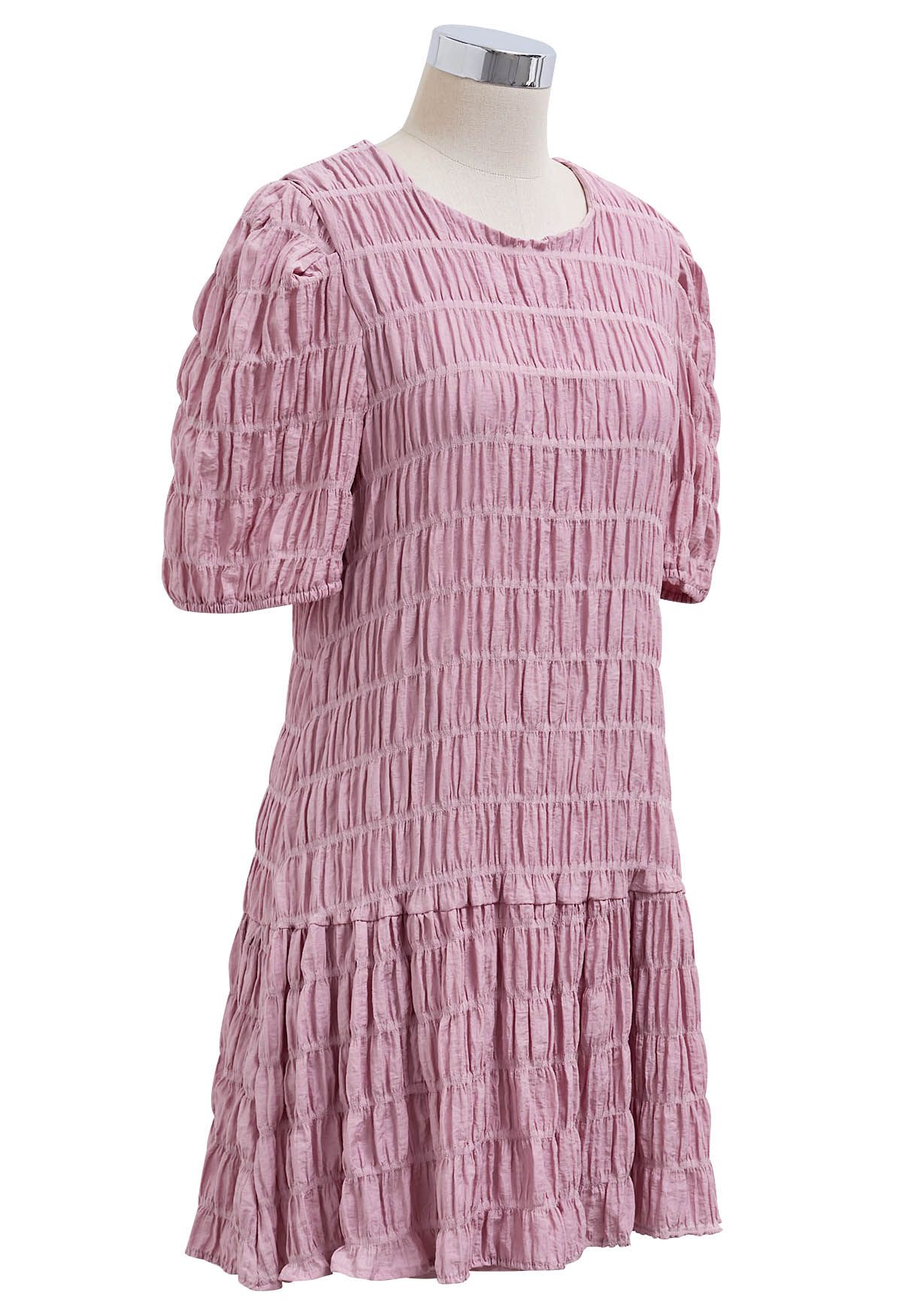 Flowing Embossed Pleat Detail Mini Dress in Pink