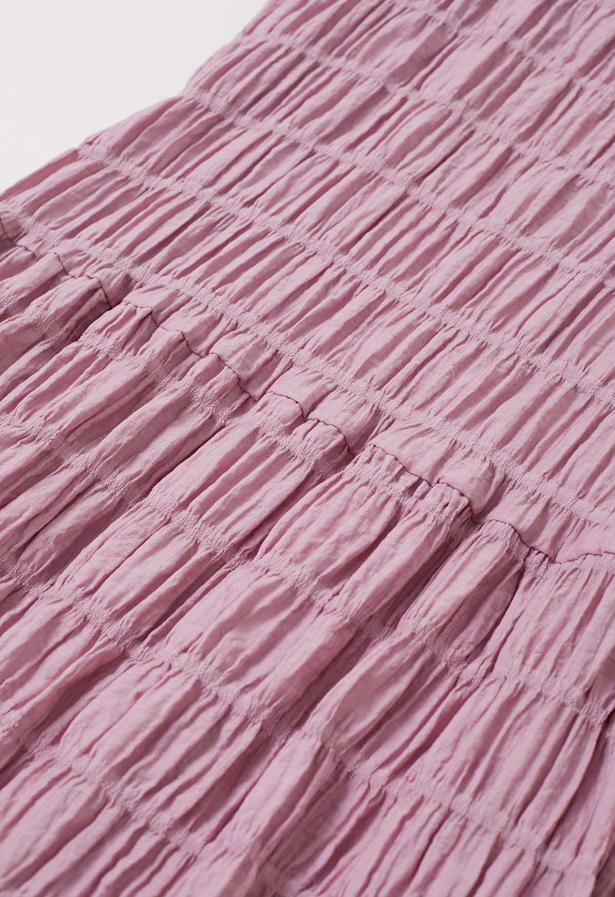 Flowing Embossed Pleat Detail Mini Dress in Pink