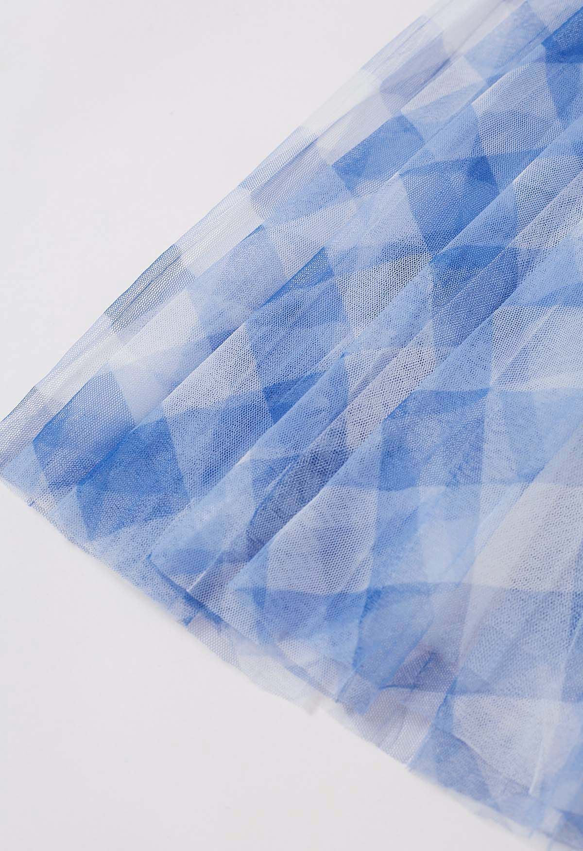 Gingham Print Mesh Tulle Midi Skirt in Blue