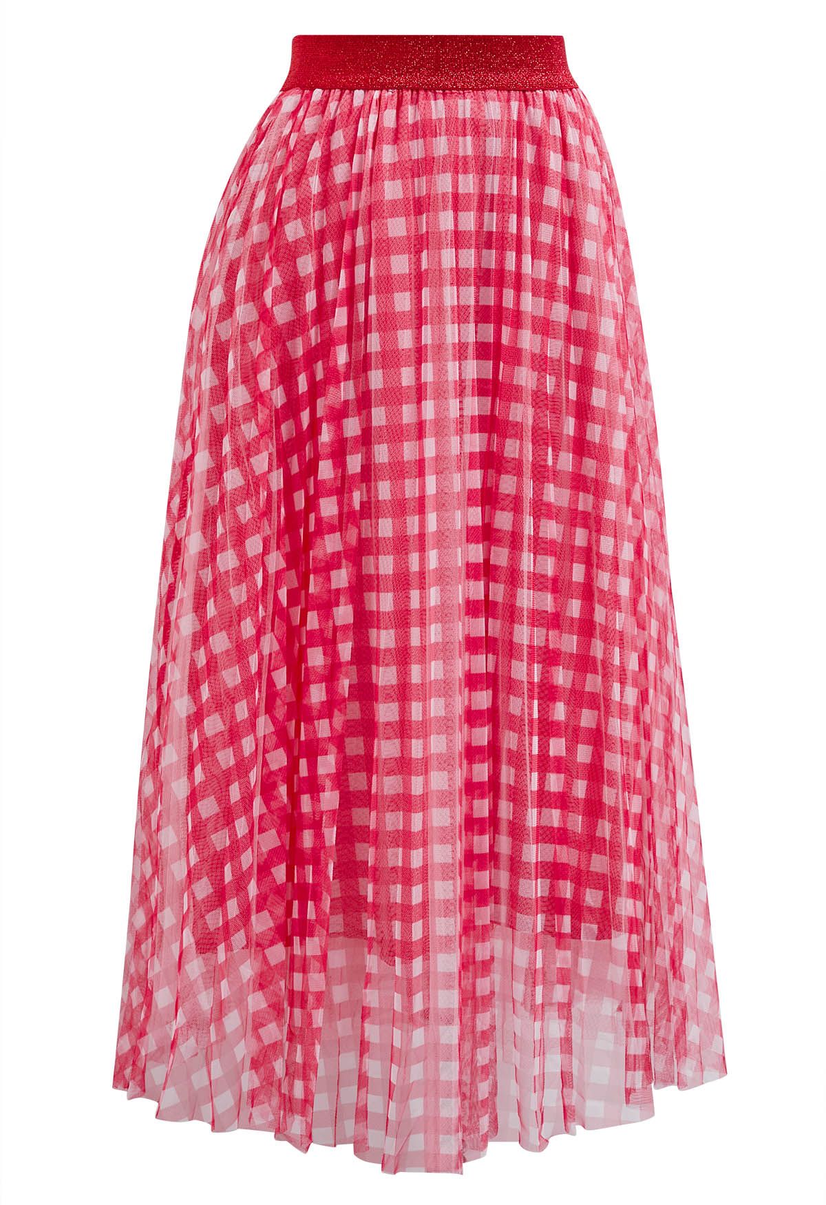 Gingham Print Mesh Tulle Midi Skirt in Red