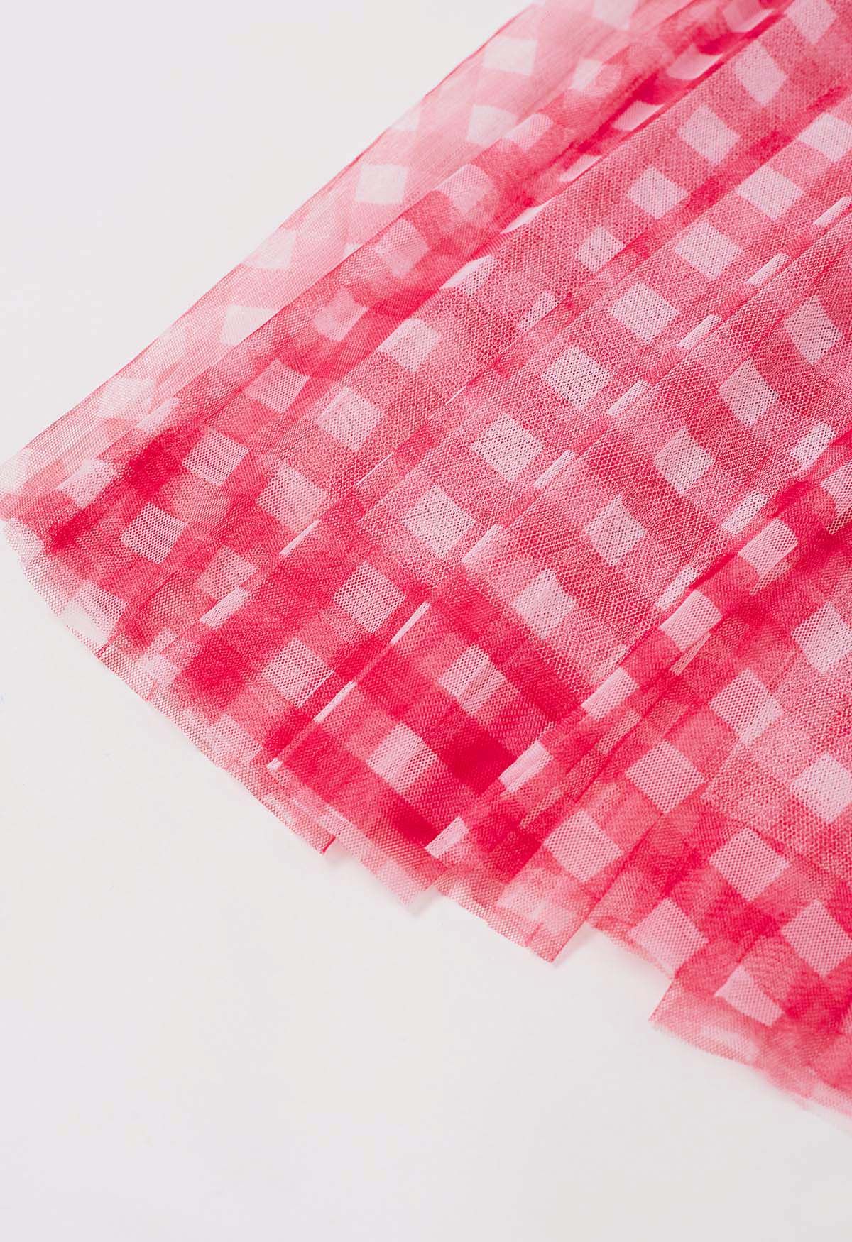 Gingham Print Mesh Tulle Midi Skirt in Red