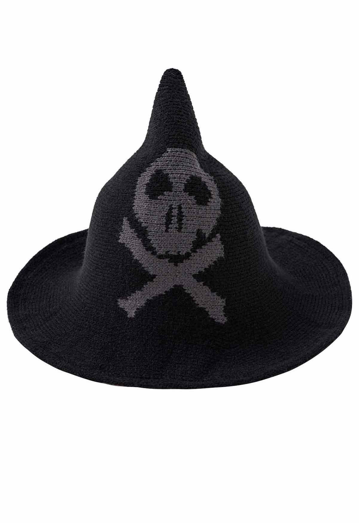 Skull Pattern Wool-Blend Witch Hat in Black