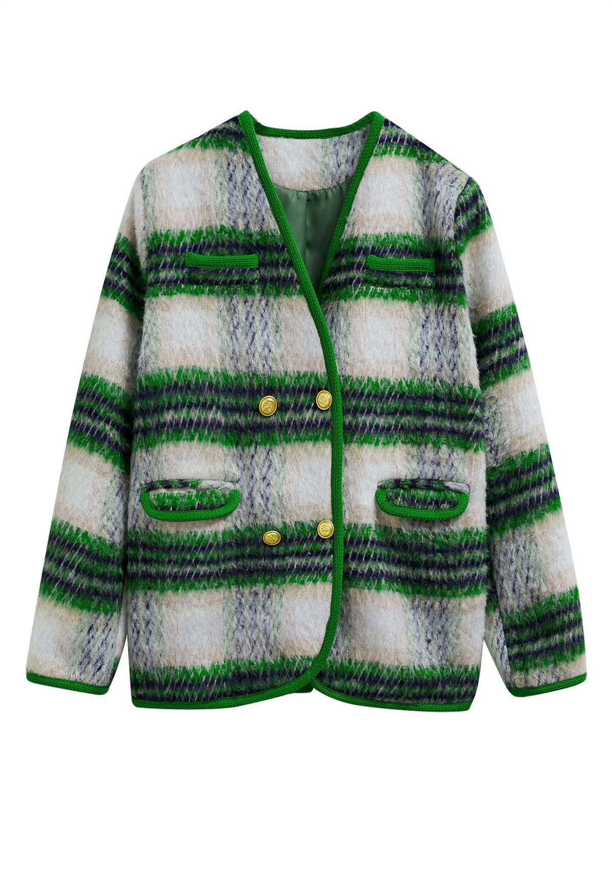 Retro Contrast Double-Breasted Fuzzy Coat in Green