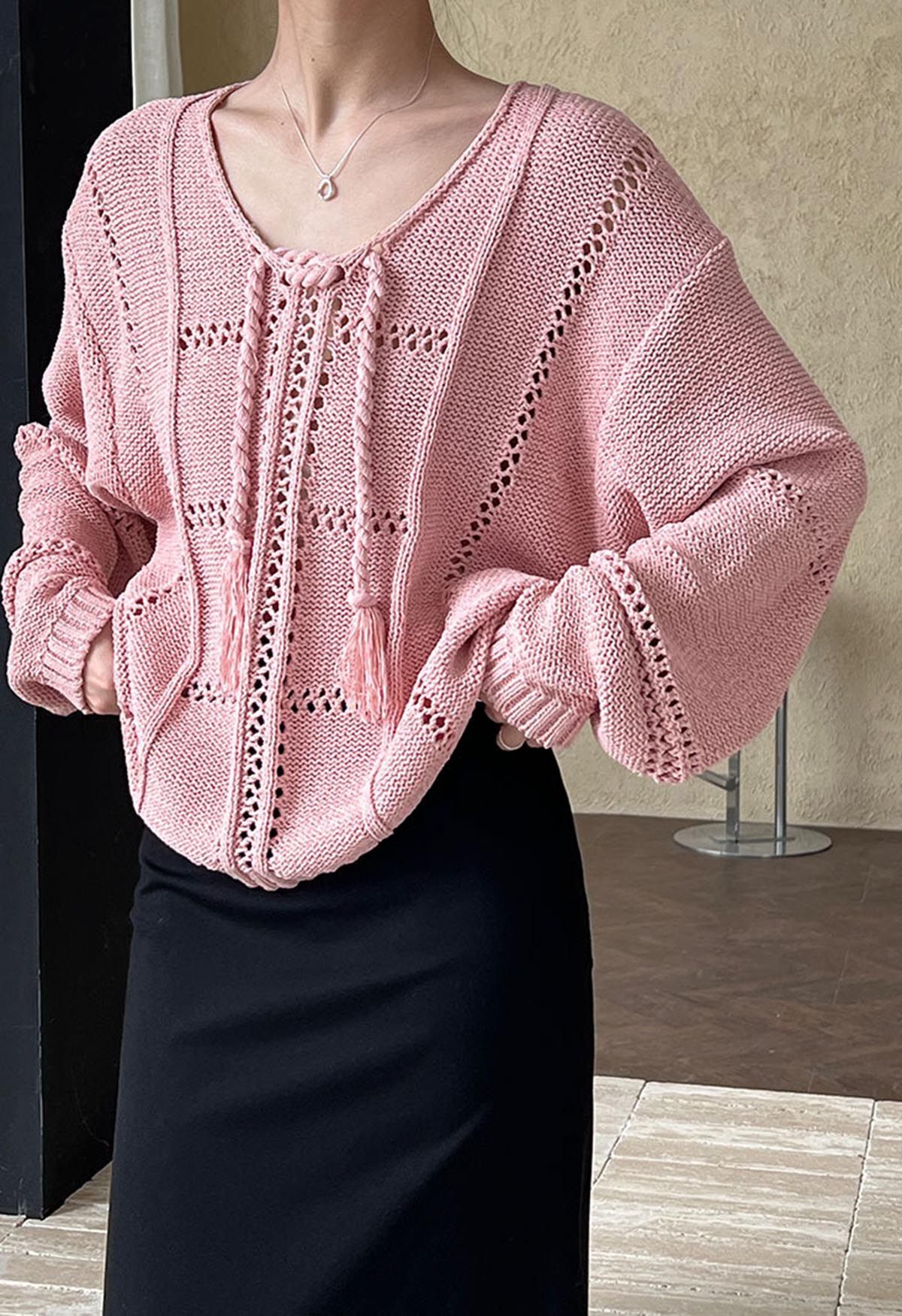 Hollow Out Tie-Neck Knit Top in Pink