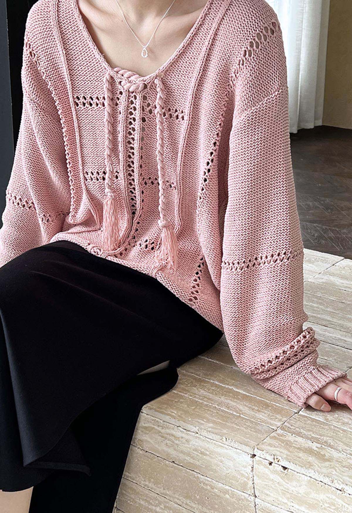 Hollow Out Tie-Neck Knit Top in Pink