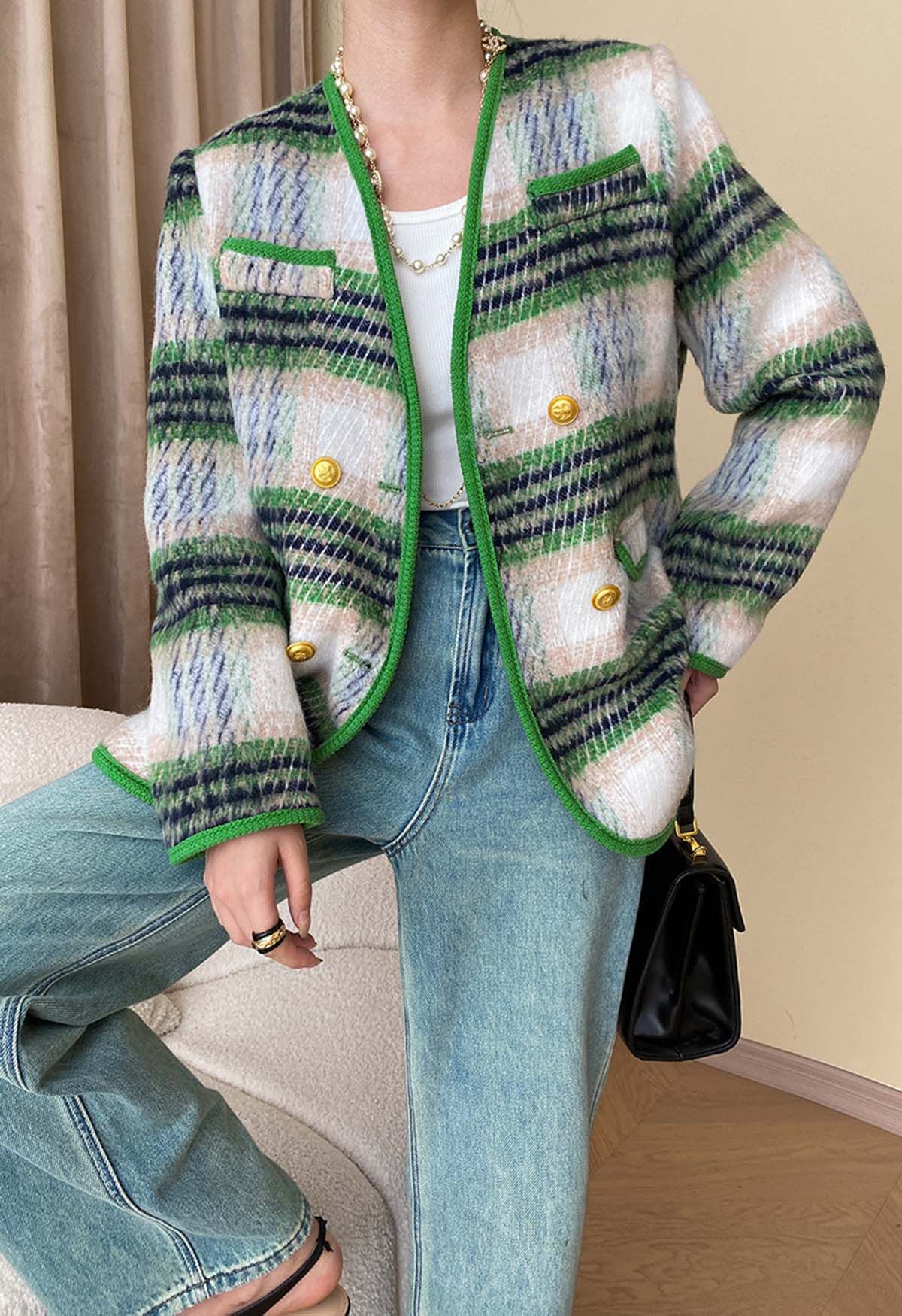 Retro Contrast Double-Breasted Fuzzy Coat in Green